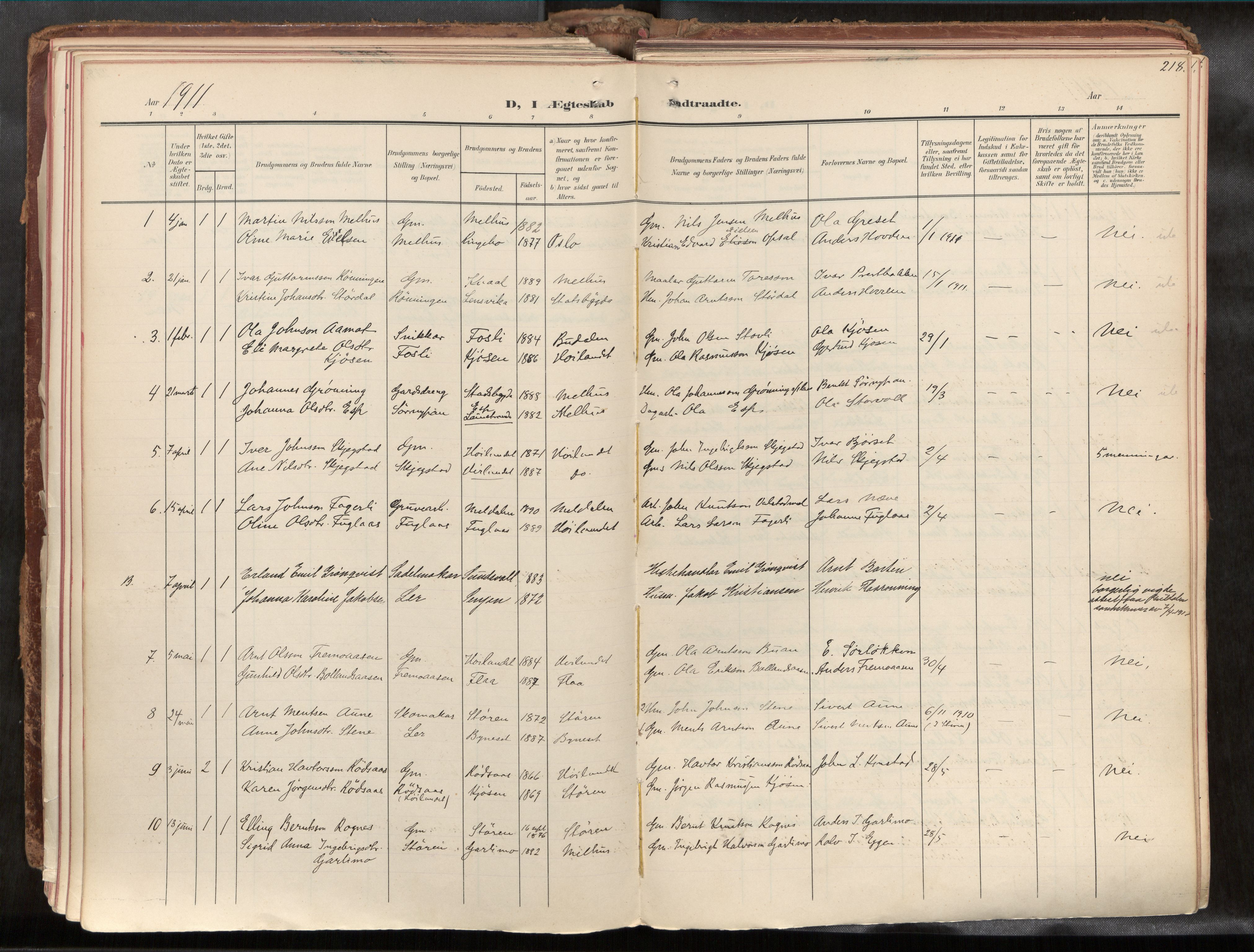 Ministerialprotokoller, klokkerbøker og fødselsregistre - Sør-Trøndelag, SAT/A-1456/691/L1085b: Parish register (official) no. 691A18, 1908-1930, p. 218
