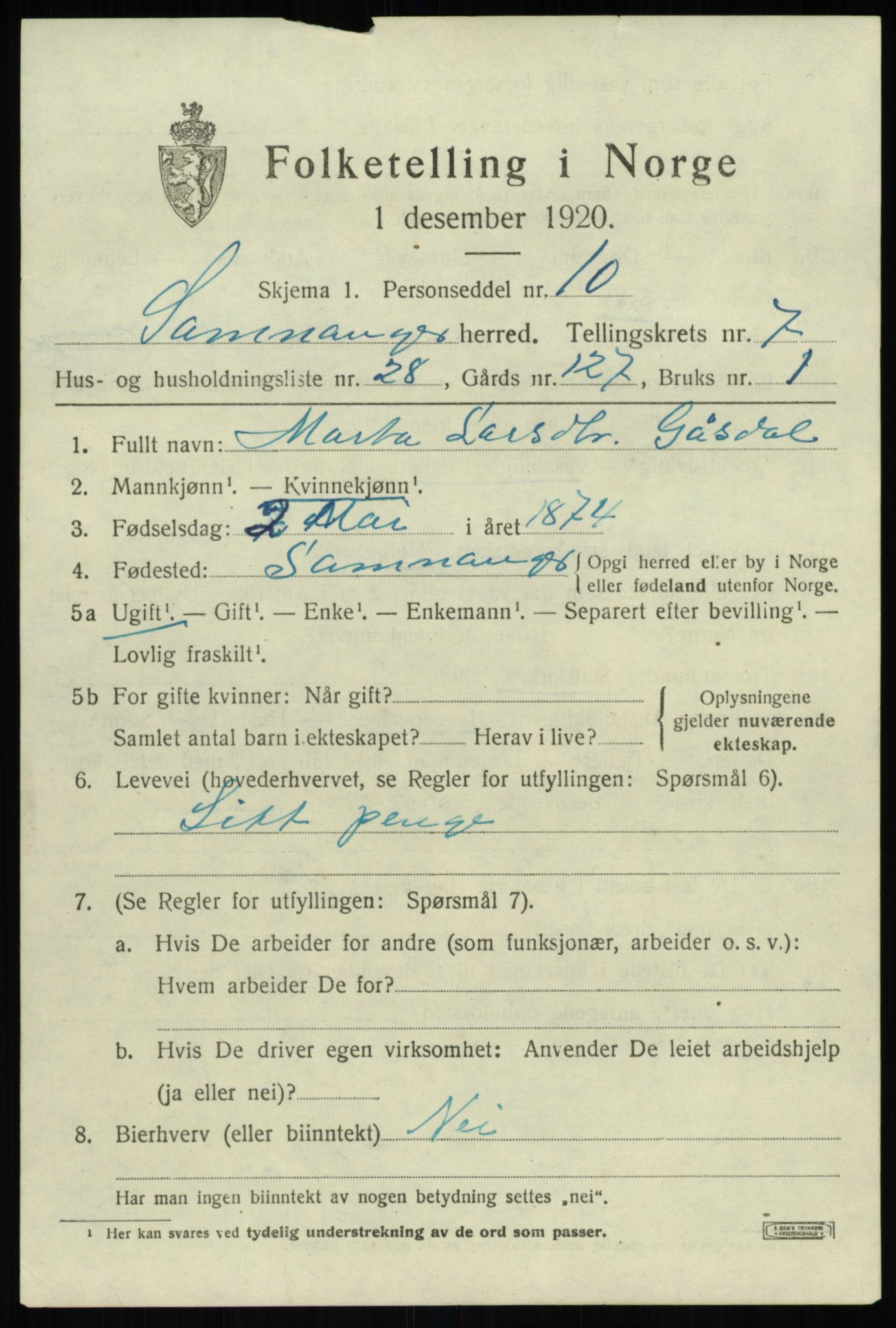 SAB, 1920 census for Samnanger, 1920, p. 3521