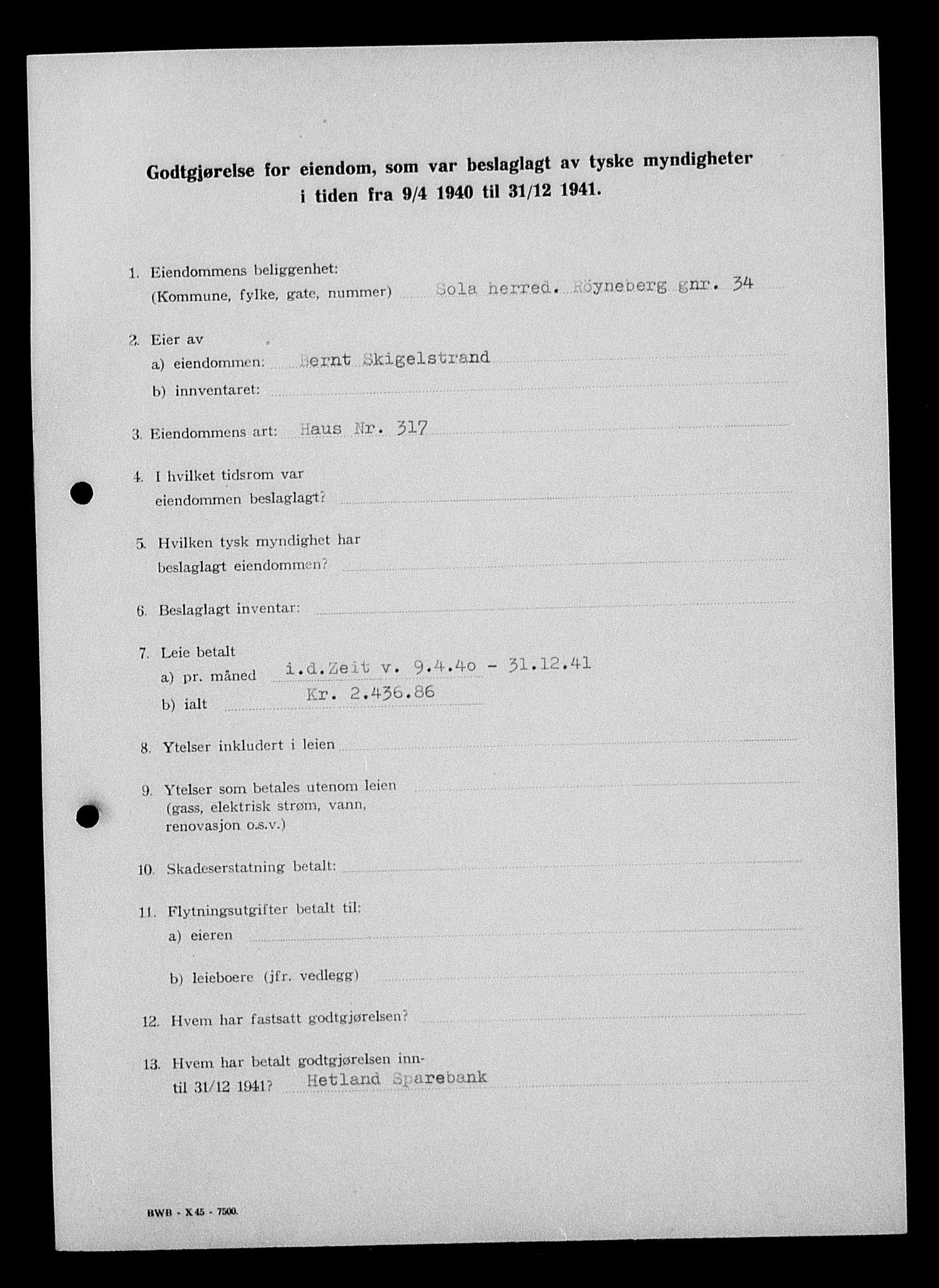 Justisdepartementet, Tilbakeføringskontoret for inndratte formuer, AV/RA-S-1564/I/L1015: Godtgjørelse for beslaglagt eiendom, 1940-1941, p. 175
