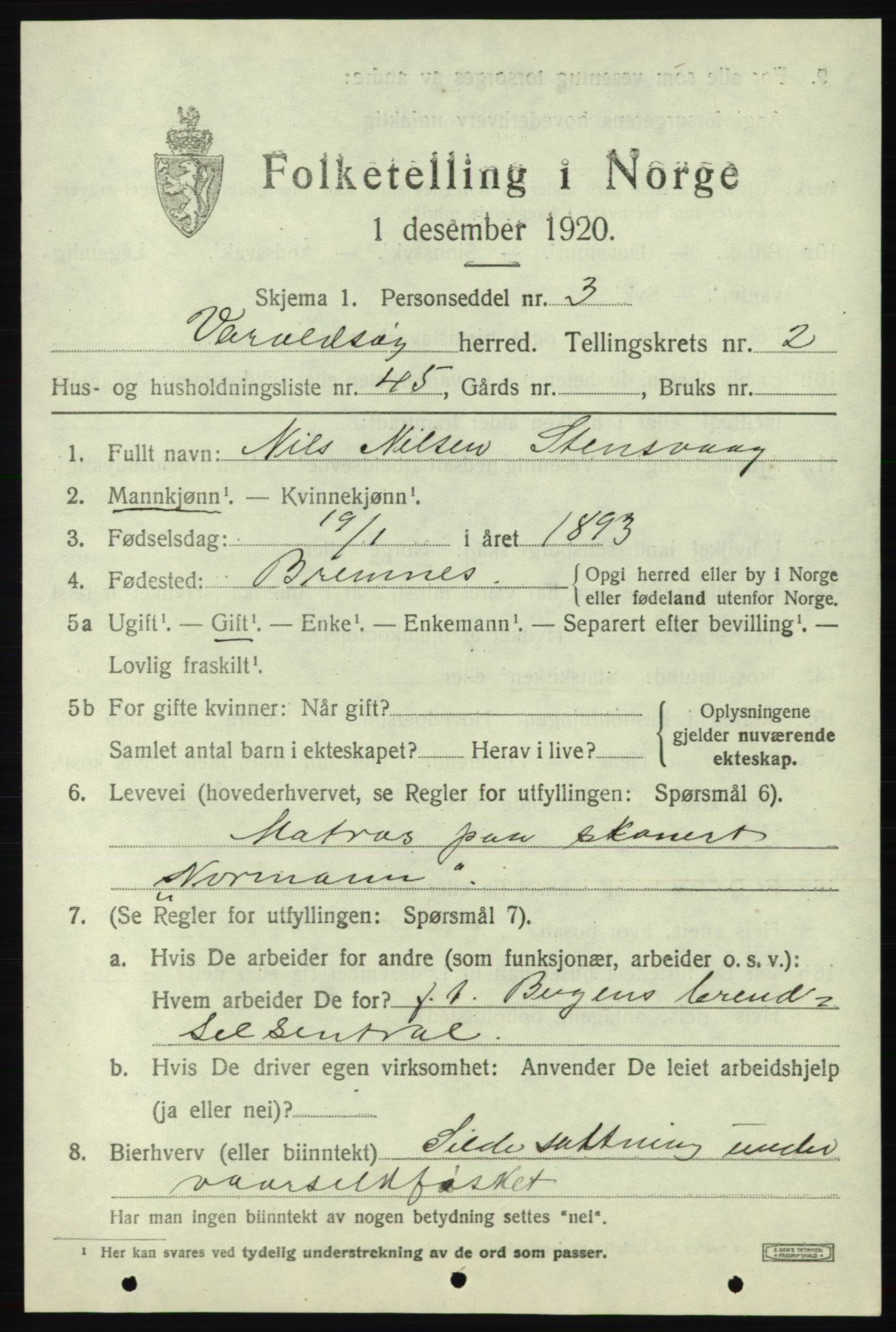 SAB, 1920 census for Varaldsøy, 1920, p. 1259