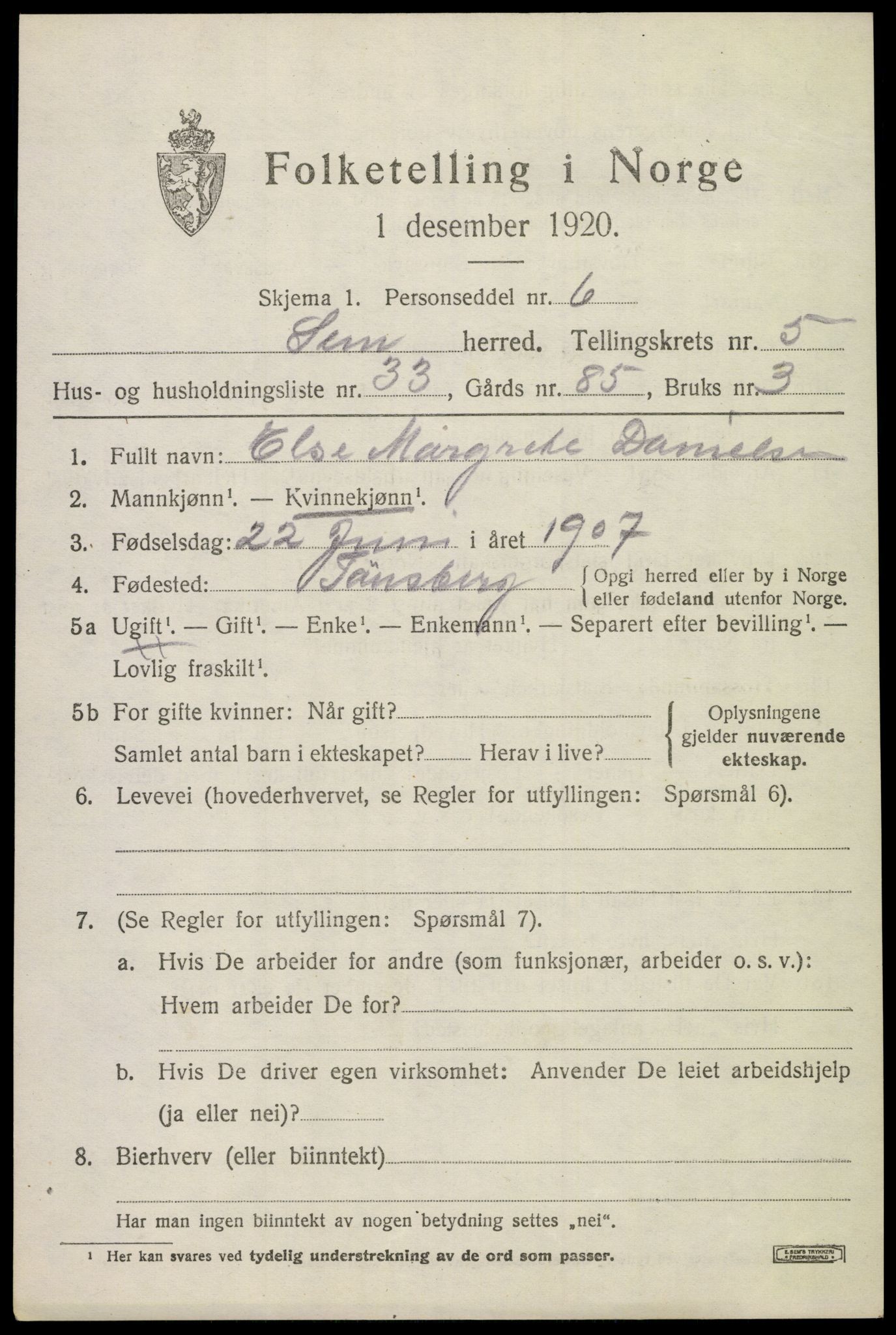 SAKO, 1920 census for Sem, 1920, p. 8165