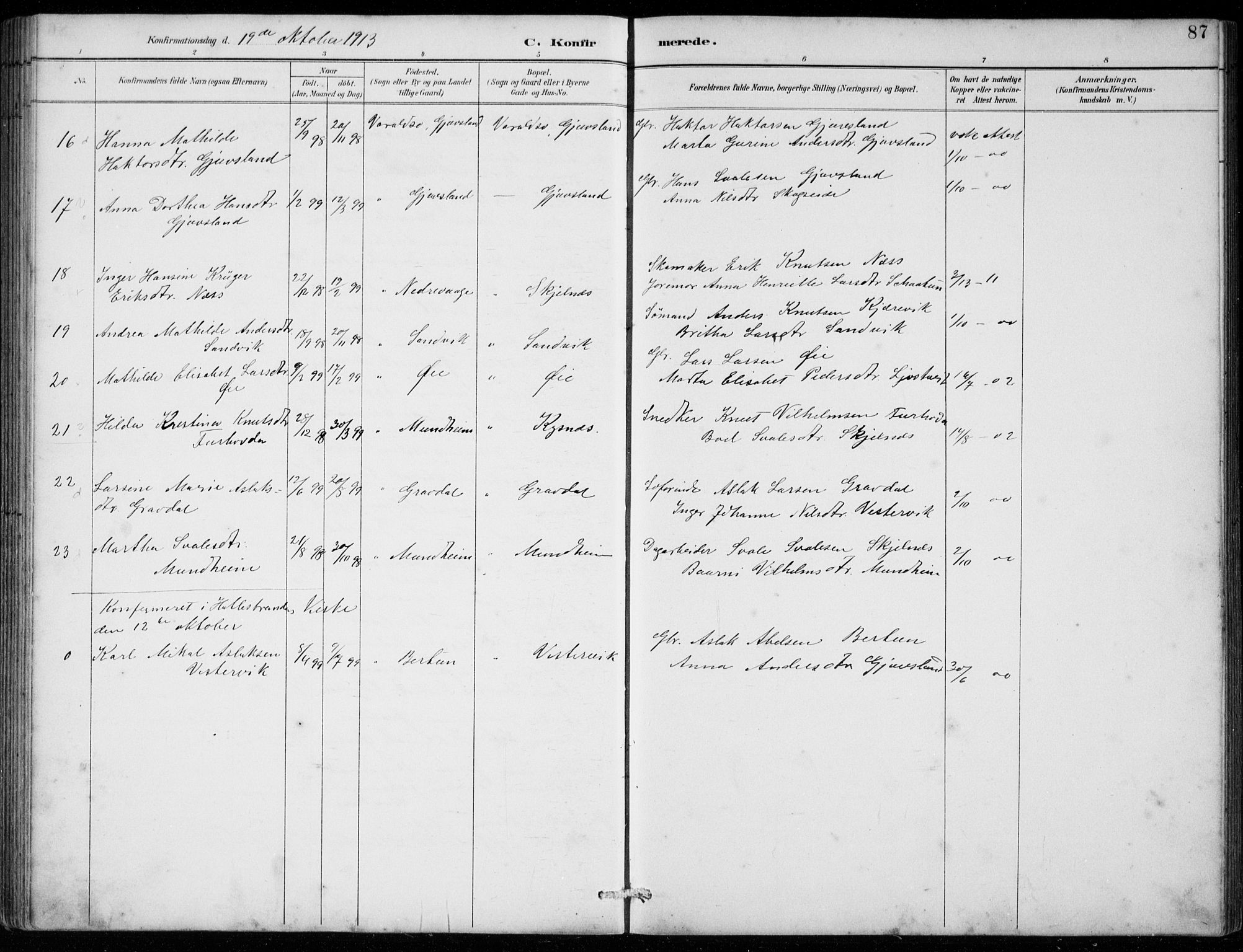 Strandebarm sokneprestembete, SAB/A-78401/H/Hab: Parish register (copy) no. C  1, 1891-1913, p. 87