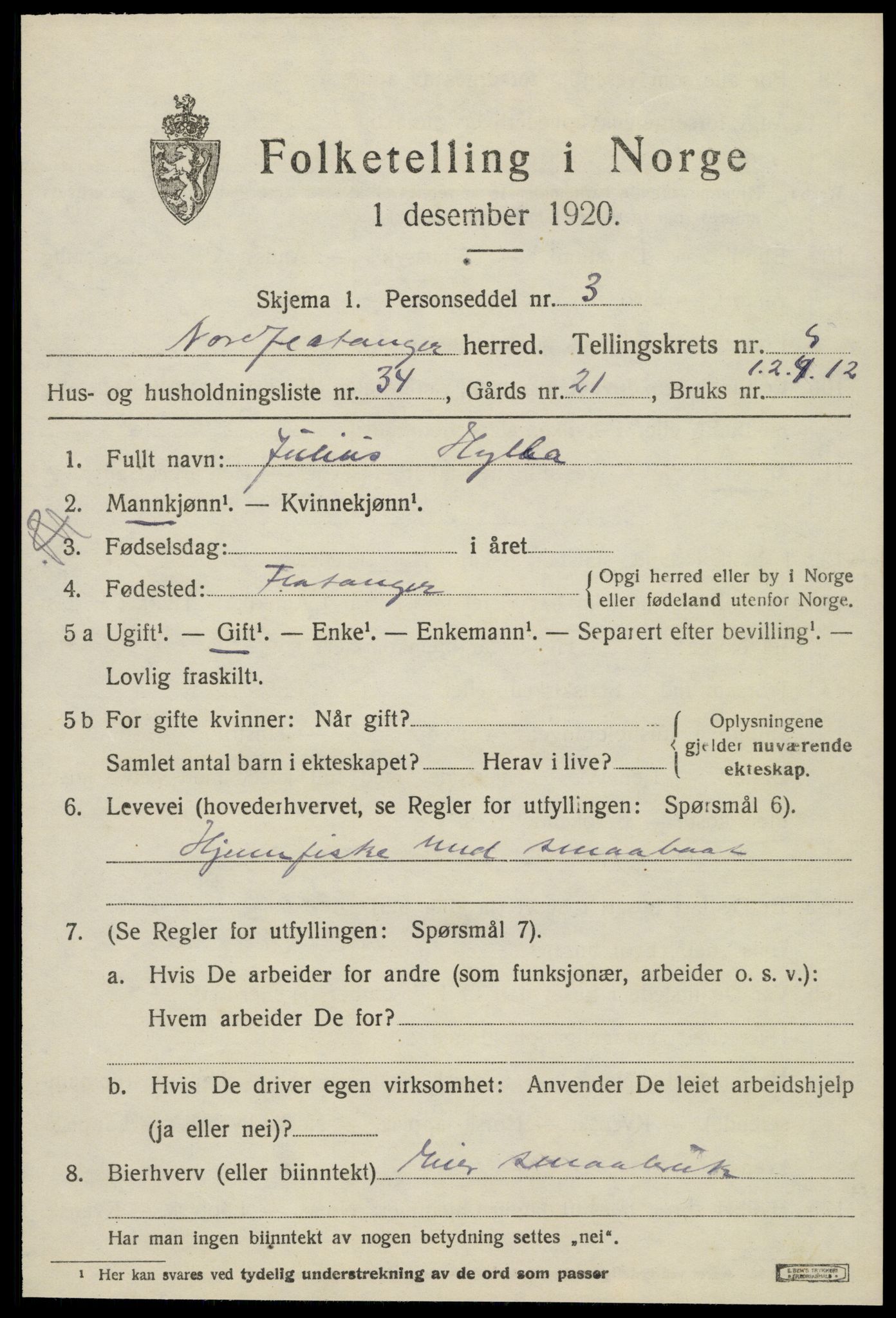 SAT, 1920 census for Flatanger, 1920, p. 2790