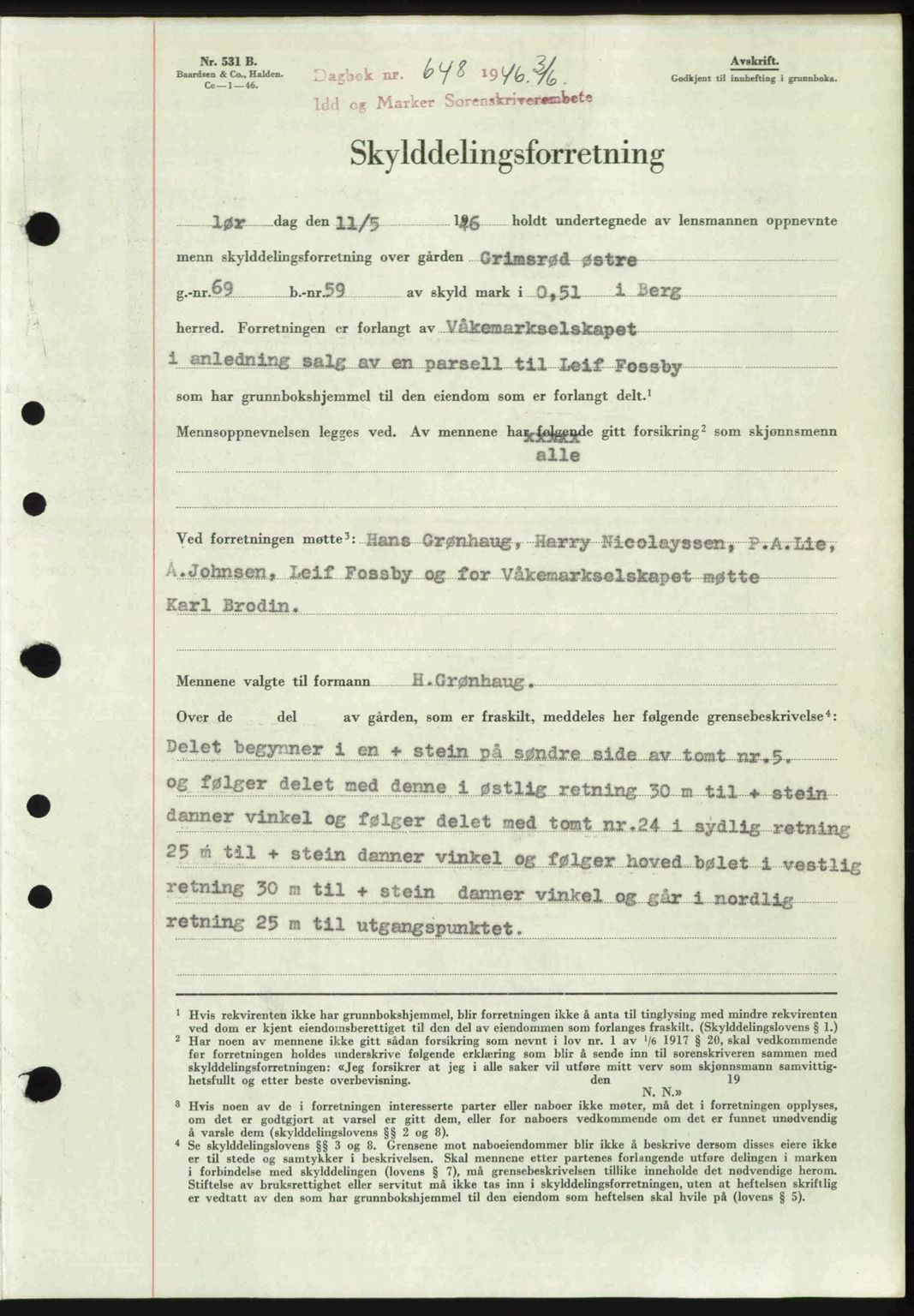 Idd og Marker sorenskriveri, AV/SAO-A-10283/G/Gb/Gbb/L0008: Mortgage book no. A8, 1946-1946, Diary no: : 648/1946