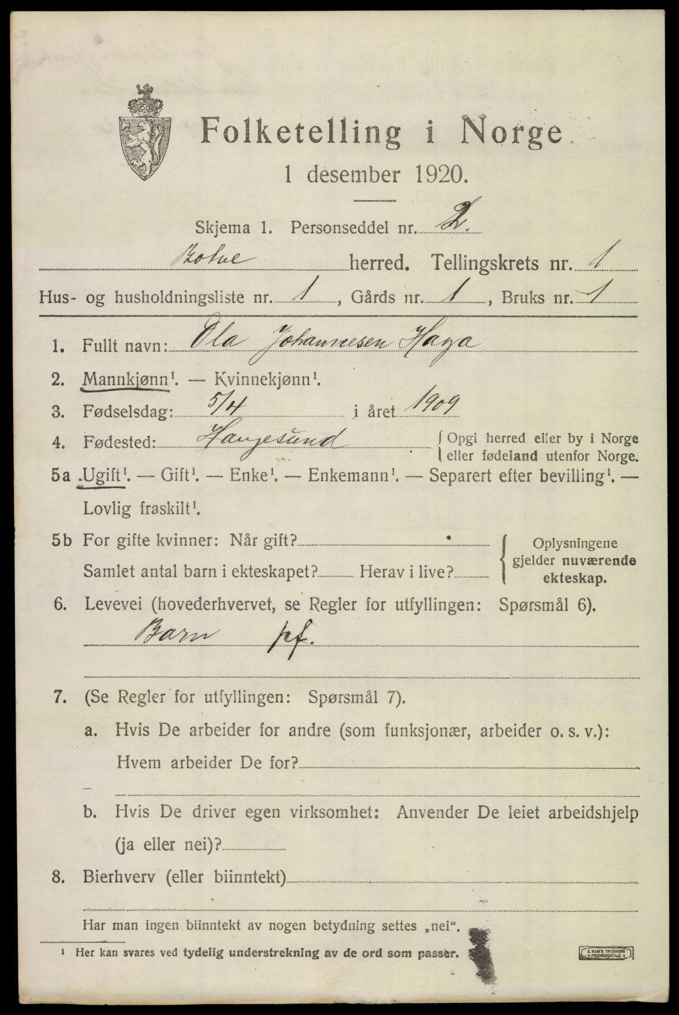 SAKO, 1920 census for Botne, 1920, p. 999