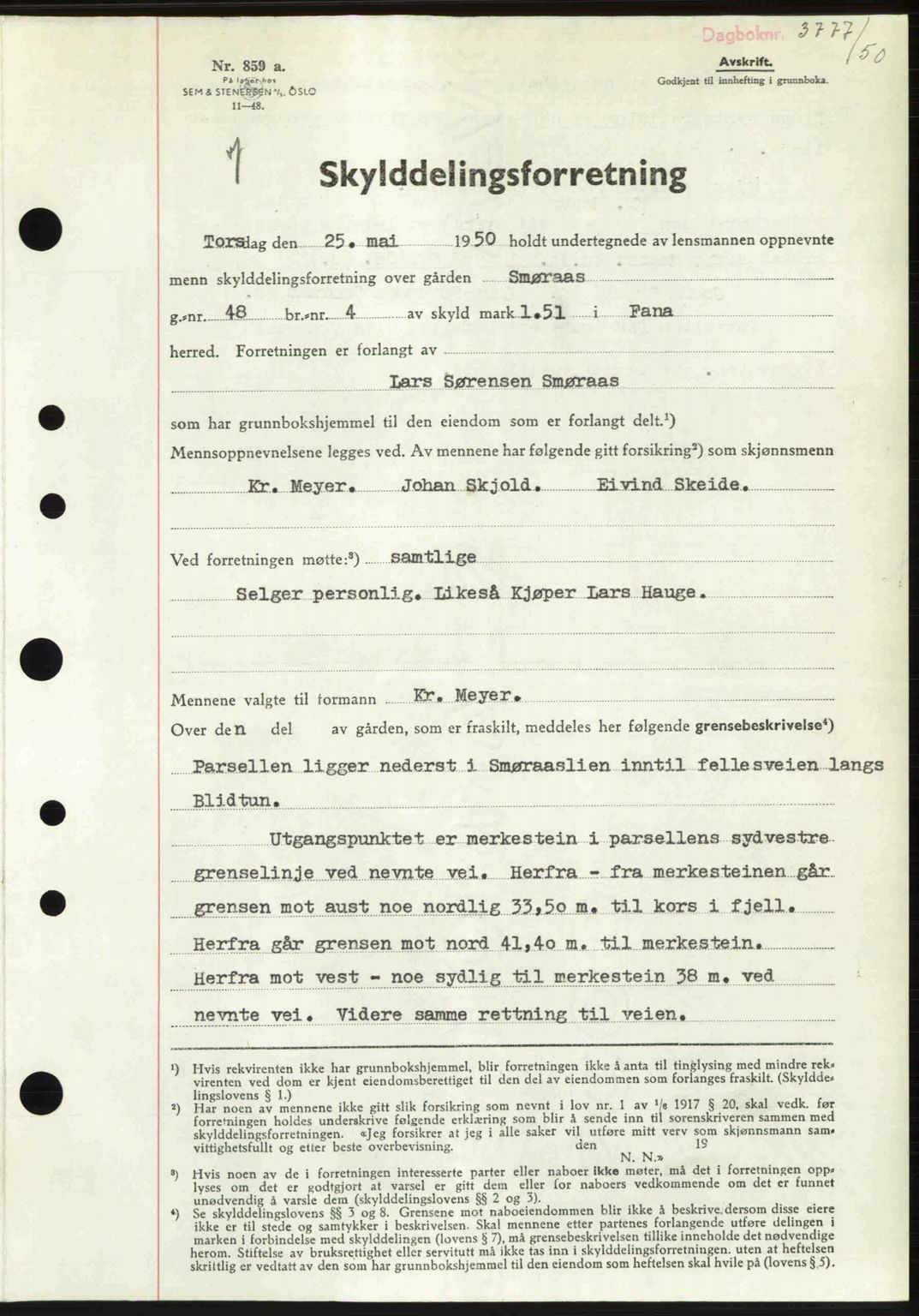 Midhordland sorenskriveri, AV/SAB-A-3001/1/G/Gb/Gbj/L0037: Mortgage book no. A71-72, 1950-1950, Diary no: : 3777/1950