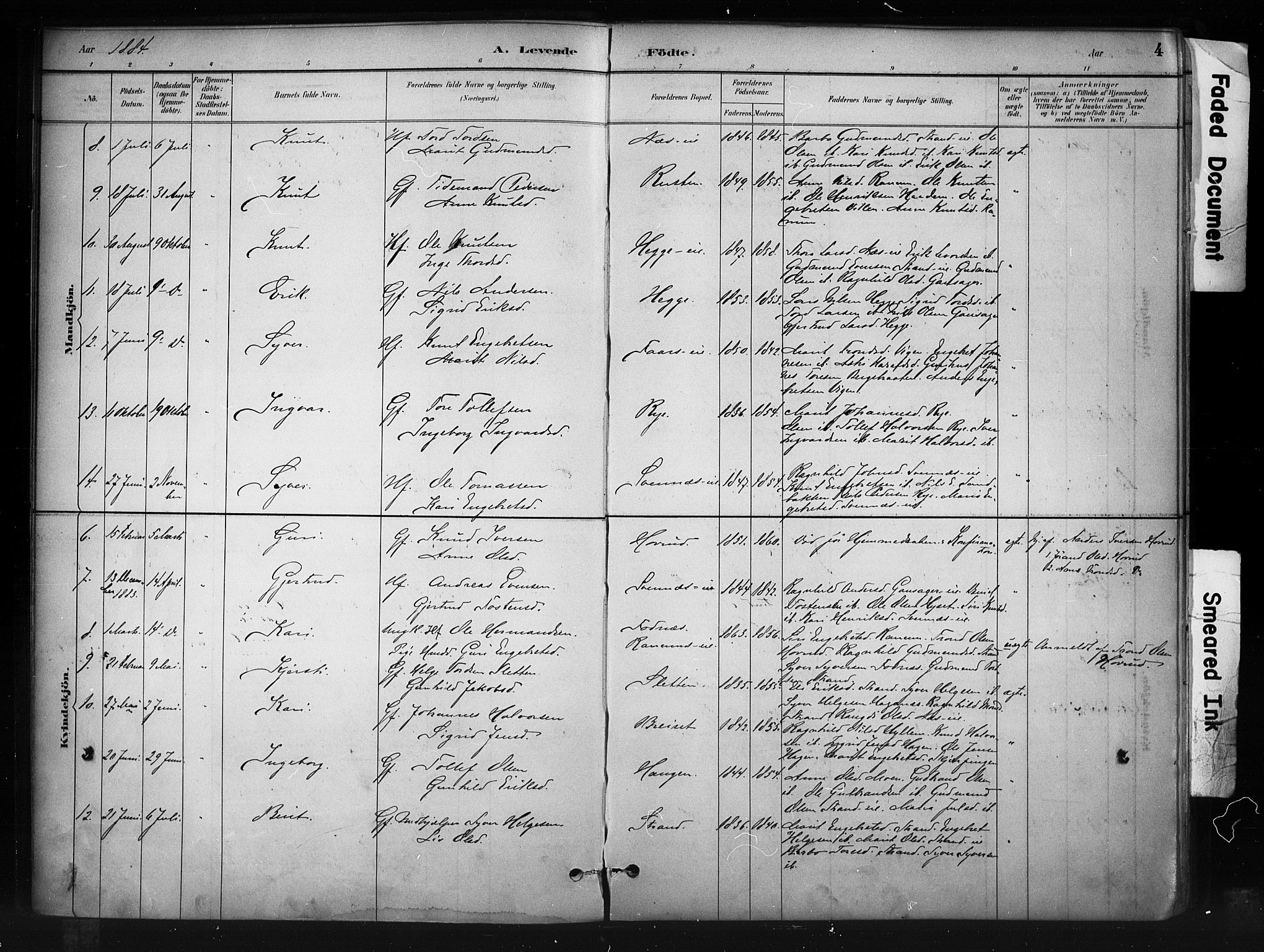 Nord-Aurdal prestekontor, SAH/PREST-132/H/Ha/Haa/L0010: Parish register (official) no. 10, 1883-1896, p. 4