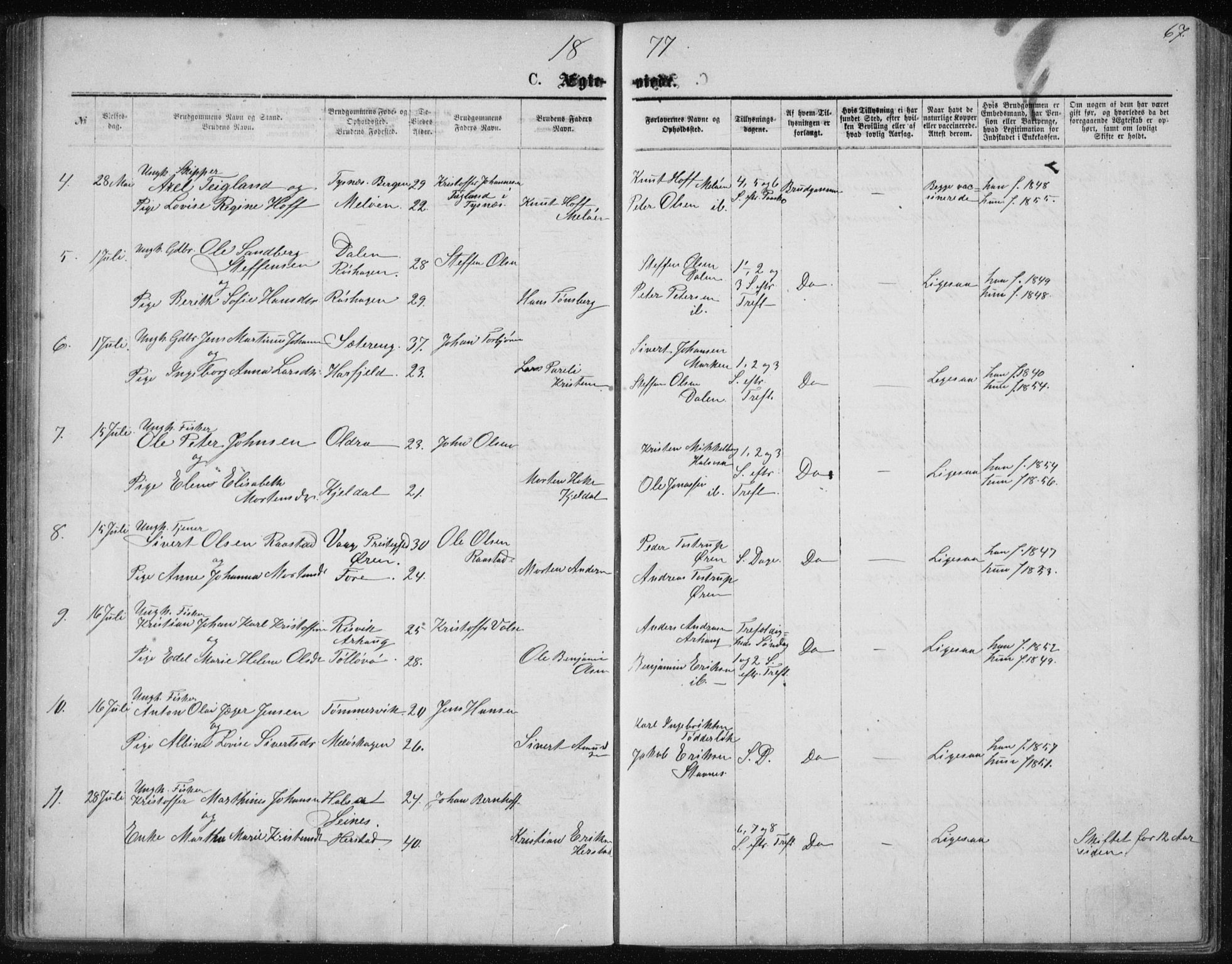 Ministerialprotokoller, klokkerbøker og fødselsregistre - Nordland, SAT/A-1459/843/L0635: Parish register (copy) no. 843C04, 1872-1887, p. 67