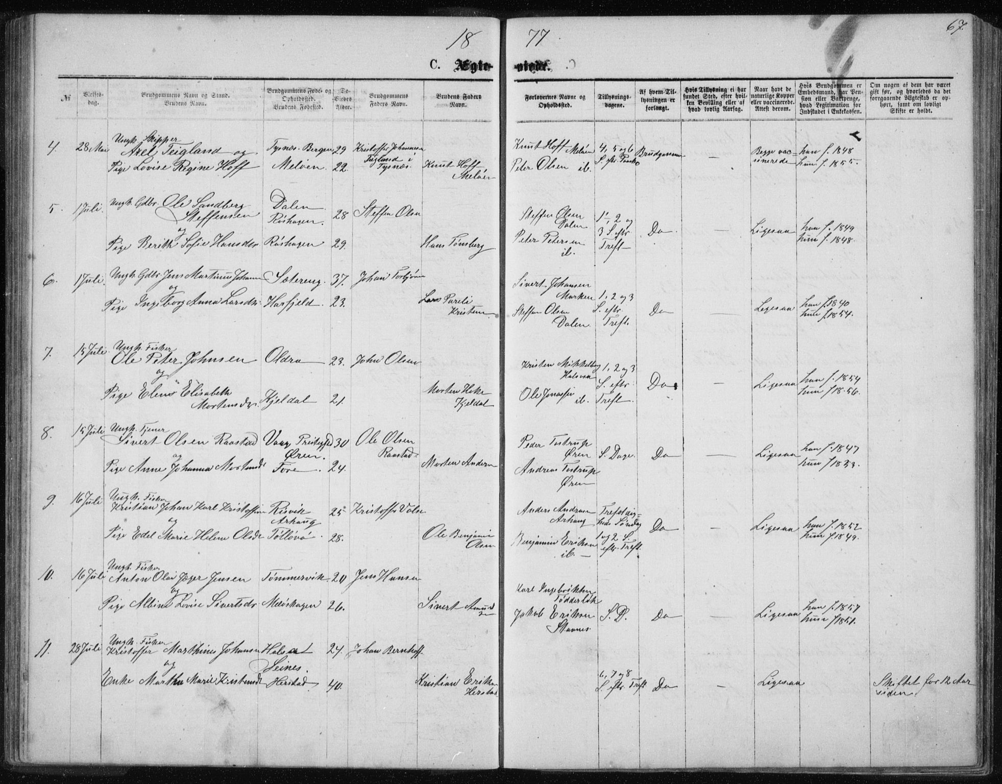 Ministerialprotokoller, klokkerbøker og fødselsregistre - Nordland, AV/SAT-A-1459/843/L0635: Parish register (copy) no. 843C04, 1872-1887, p. 67