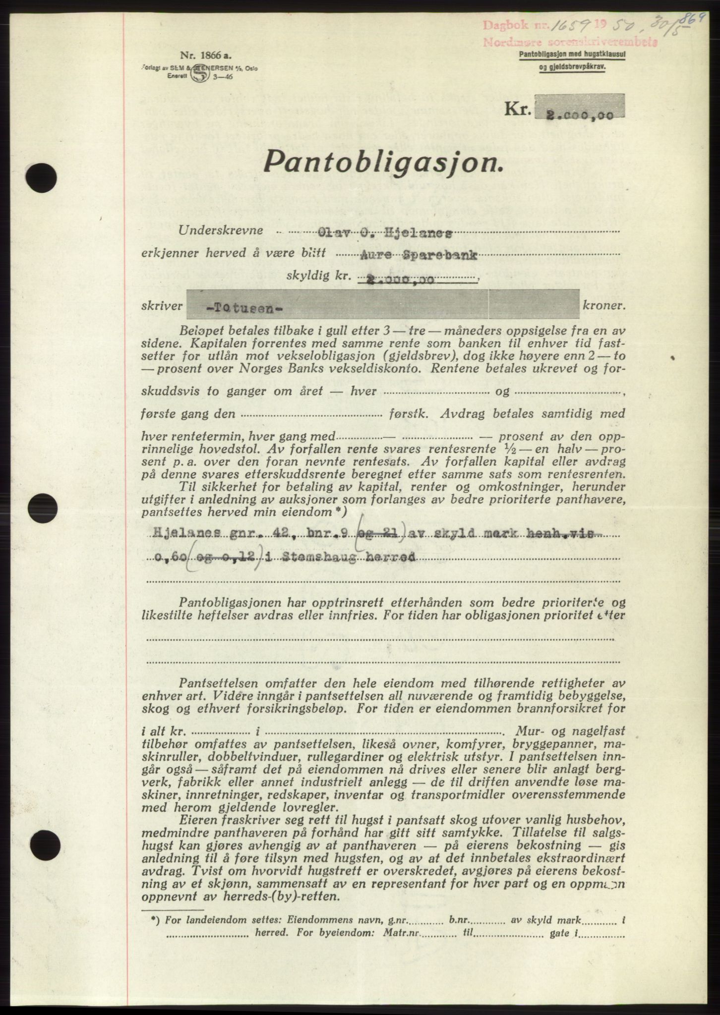 Nordmøre sorenskriveri, AV/SAT-A-4132/1/2/2Ca: Mortgage book no. B104, 1950-1950, Diary no: : 1659/1950