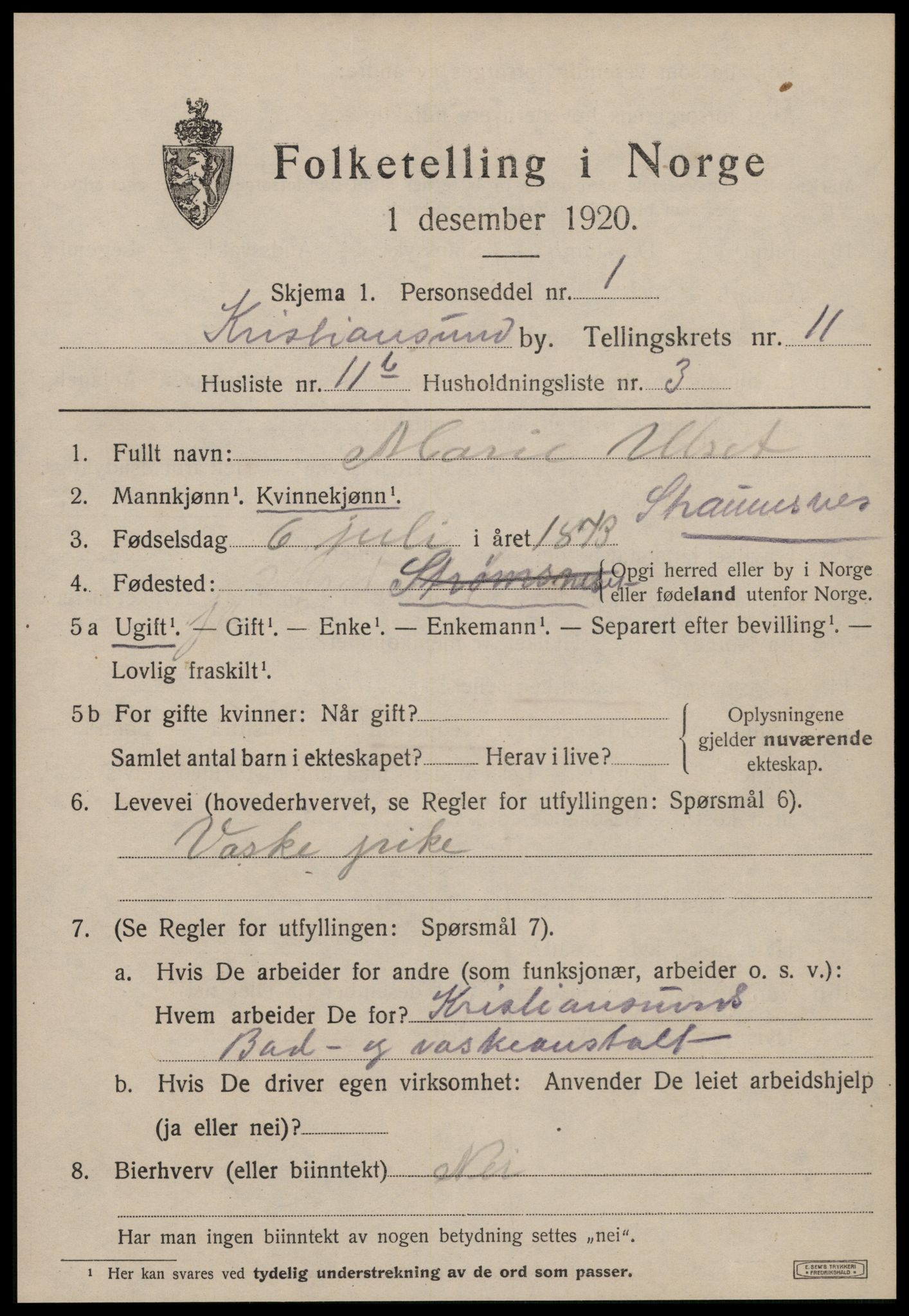 SAT, 1920 census for Kristiansund, 1920, p. 24285