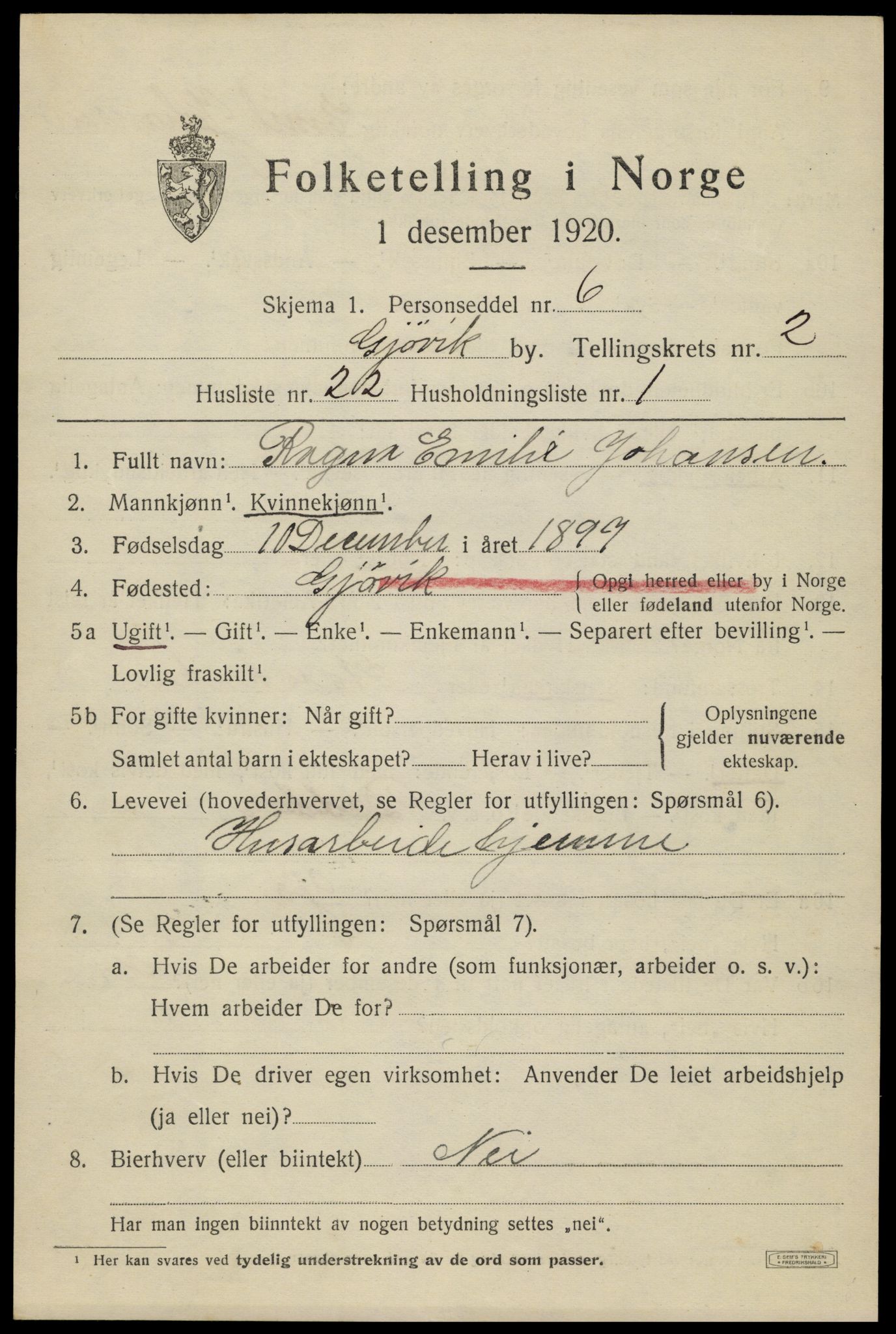 SAH, 1920 census for Gjøvik, 1920, p. 5106