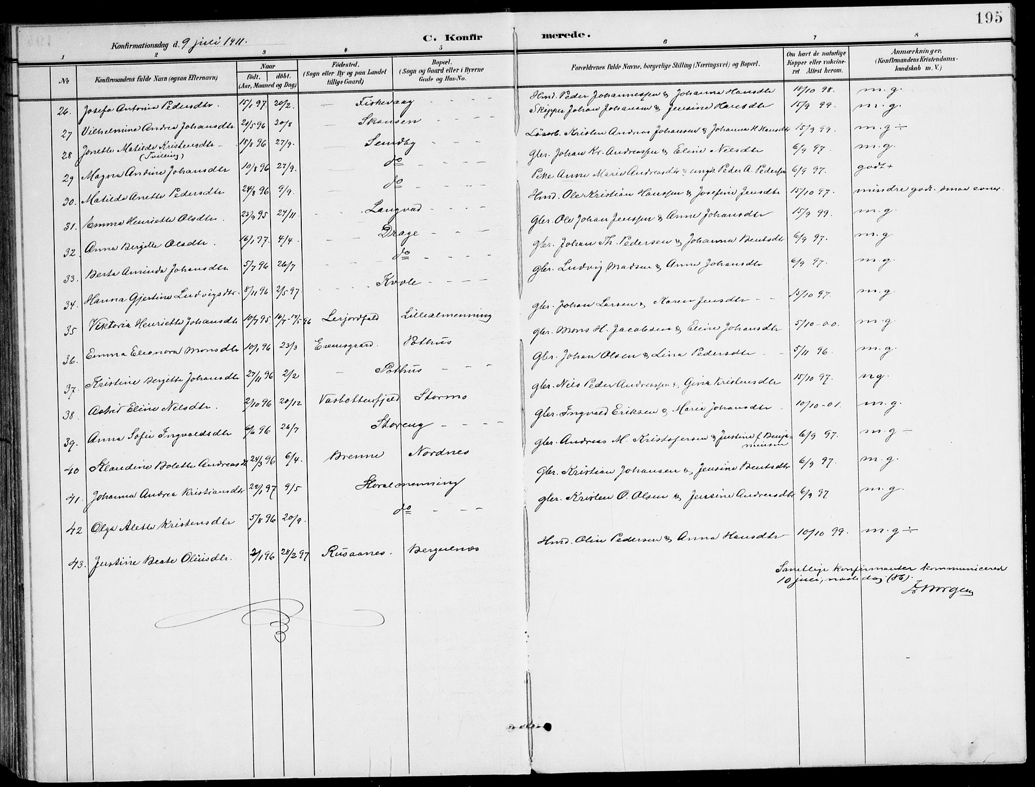 Ministerialprotokoller, klokkerbøker og fødselsregistre - Nordland, SAT/A-1459/847/L0672: Parish register (official) no. 847A12, 1902-1919, p. 195