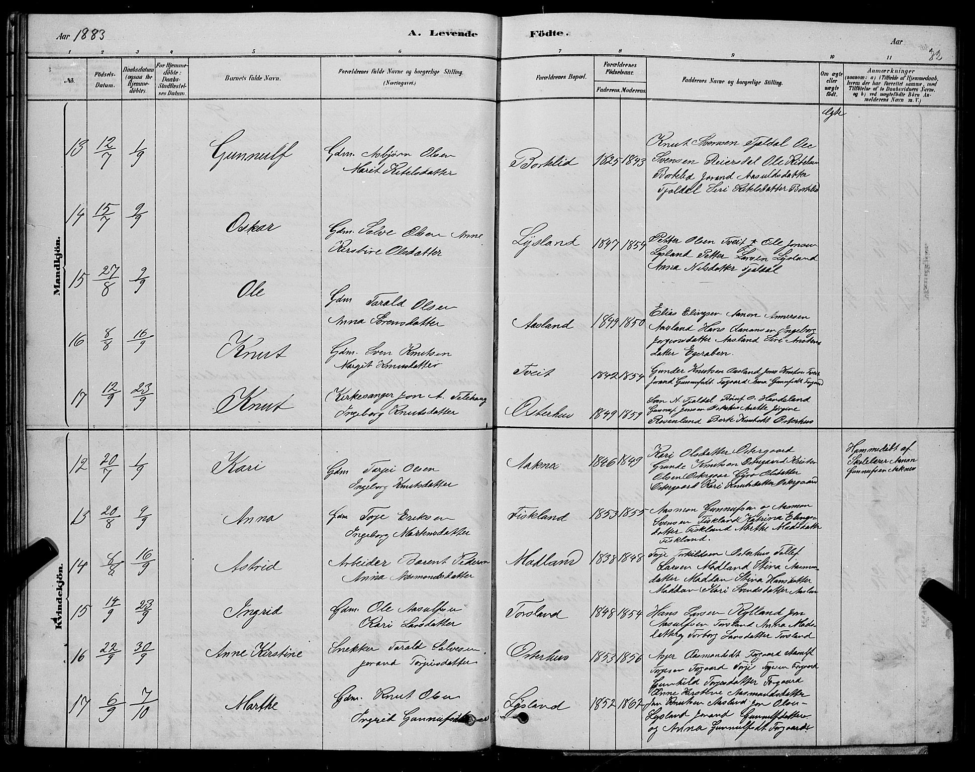 Åseral sokneprestkontor, AV/SAK-1111-0051/F/Fb/L0002: Parish register (copy) no. B 2, 1878-1899, p. 32