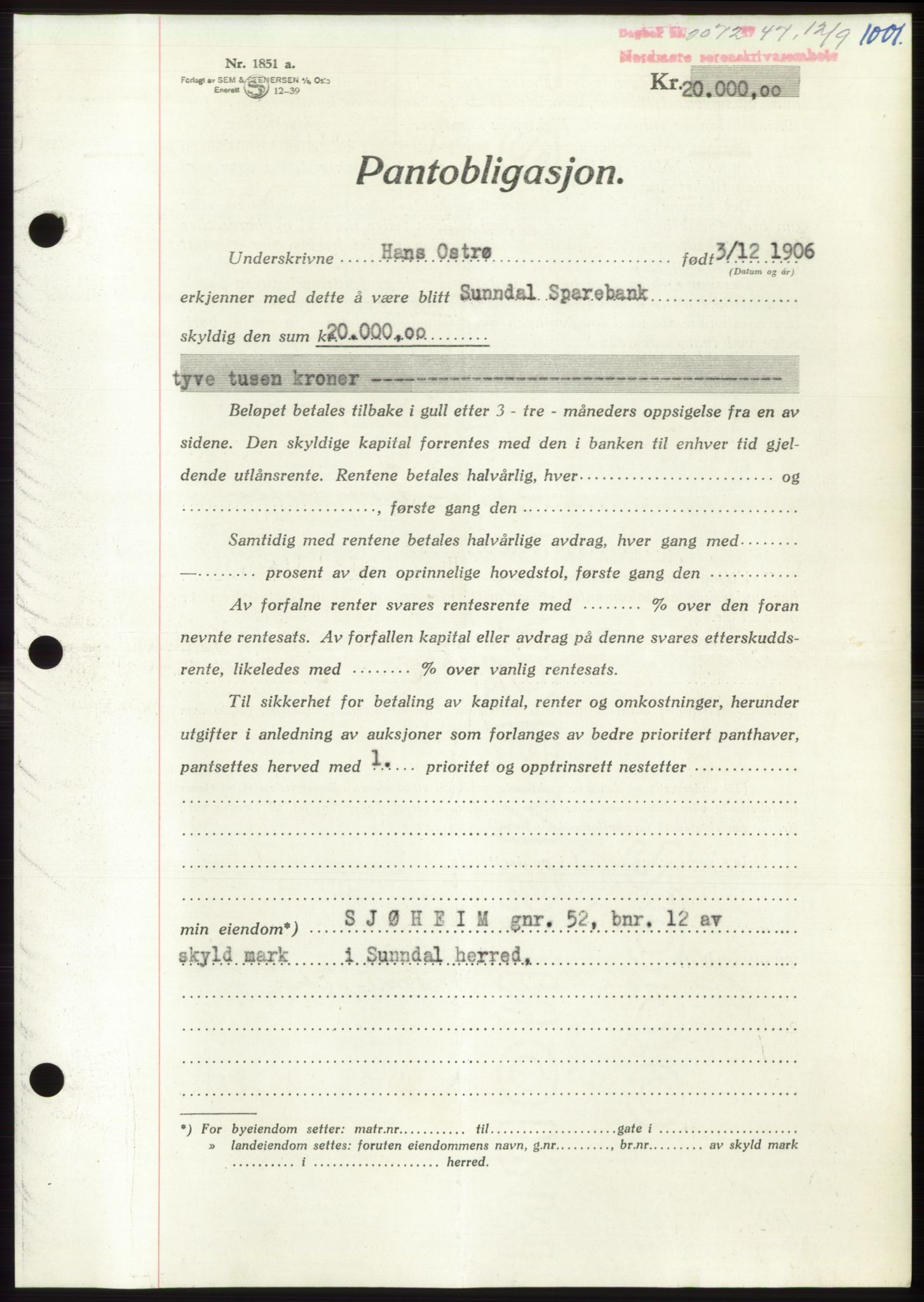 Nordmøre sorenskriveri, AV/SAT-A-4132/1/2/2Ca: Mortgage book no. B96, 1947-1947, Diary no: : 2072/1947