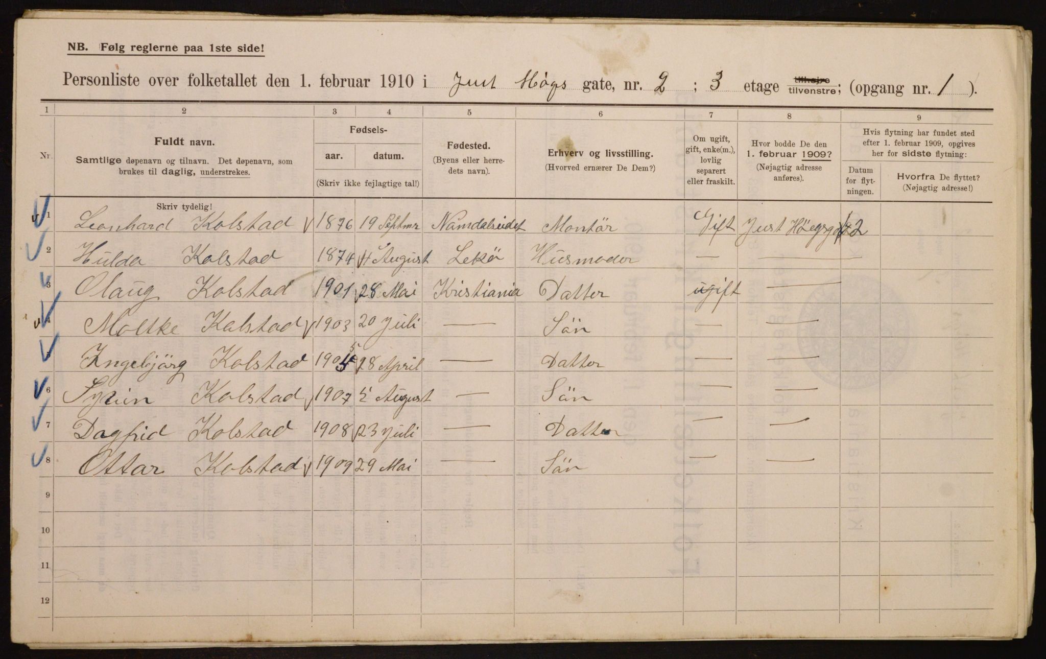 OBA, Municipal Census 1910 for Kristiania, 1910, p. 46253