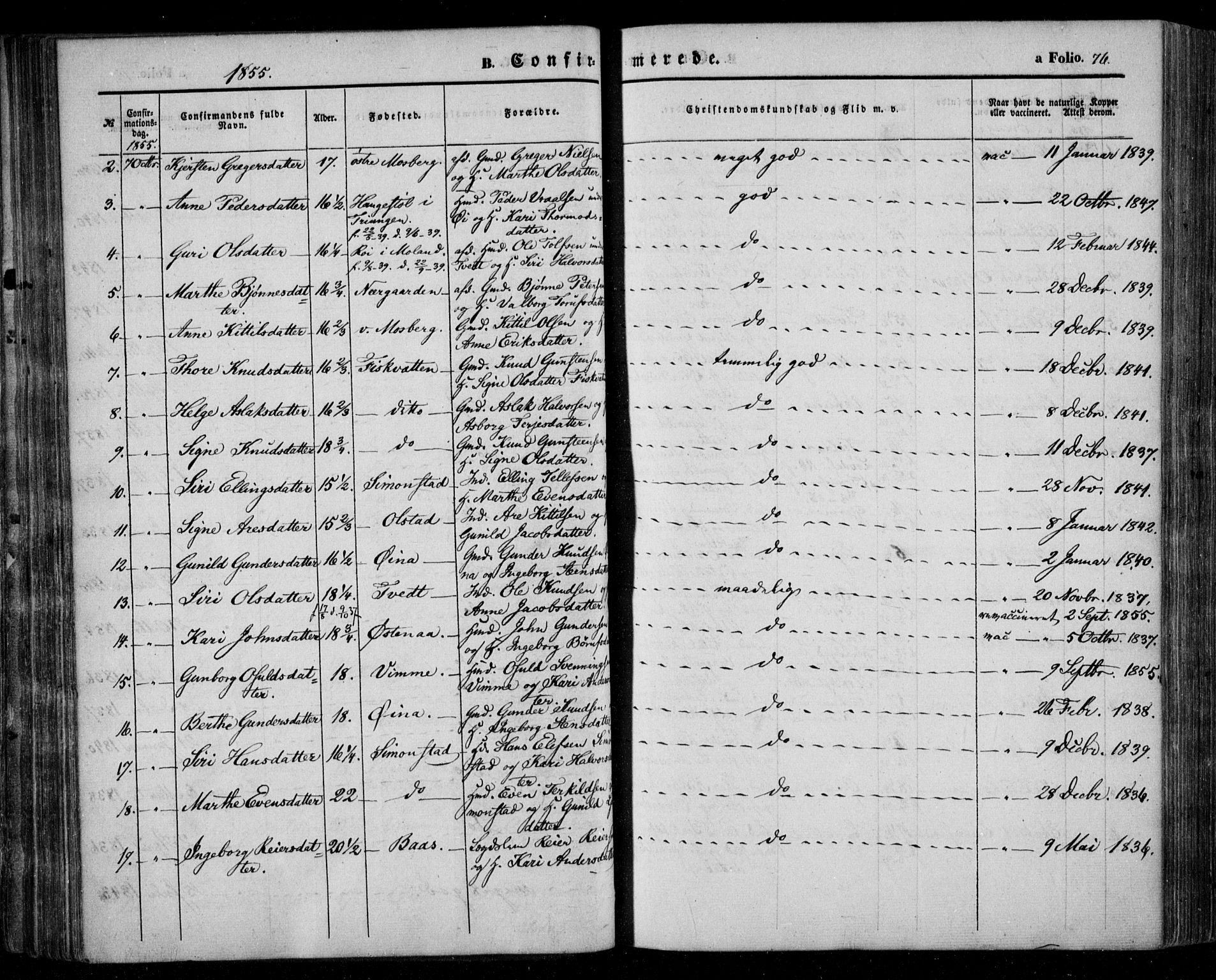 Åmli sokneprestkontor, AV/SAK-1111-0050/F/Fa/Fac/L0008: Parish register (official) no. A 8, 1852-1869, p. 76