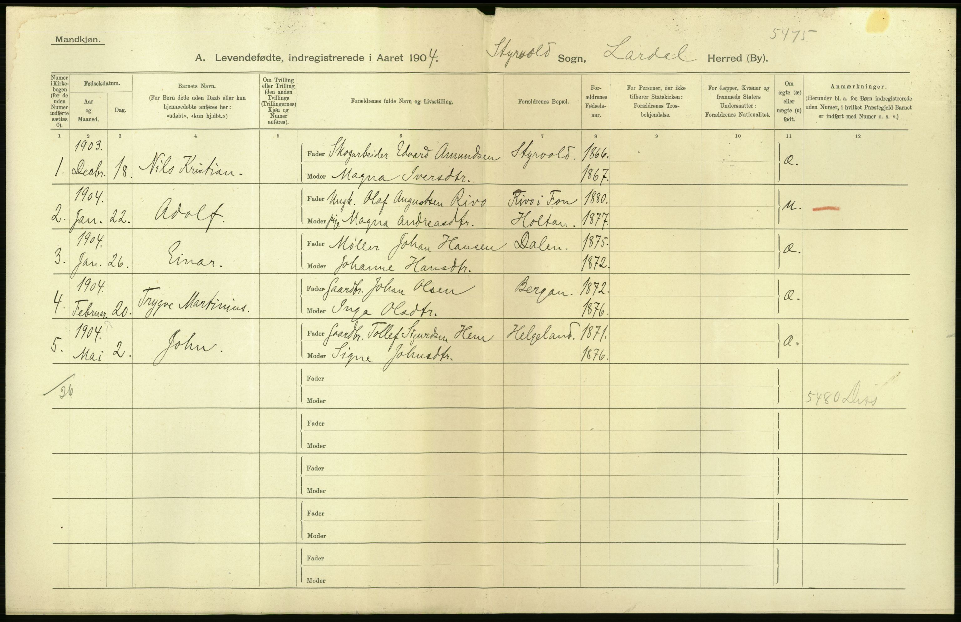 Statistisk sentralbyrå, Sosiodemografiske emner, Befolkning, RA/S-2228/D/Df/Dfa/Dfab/L0008: Jarlsberg og Larvig amt: Fødte, gifte, døde, 1904, p. 4