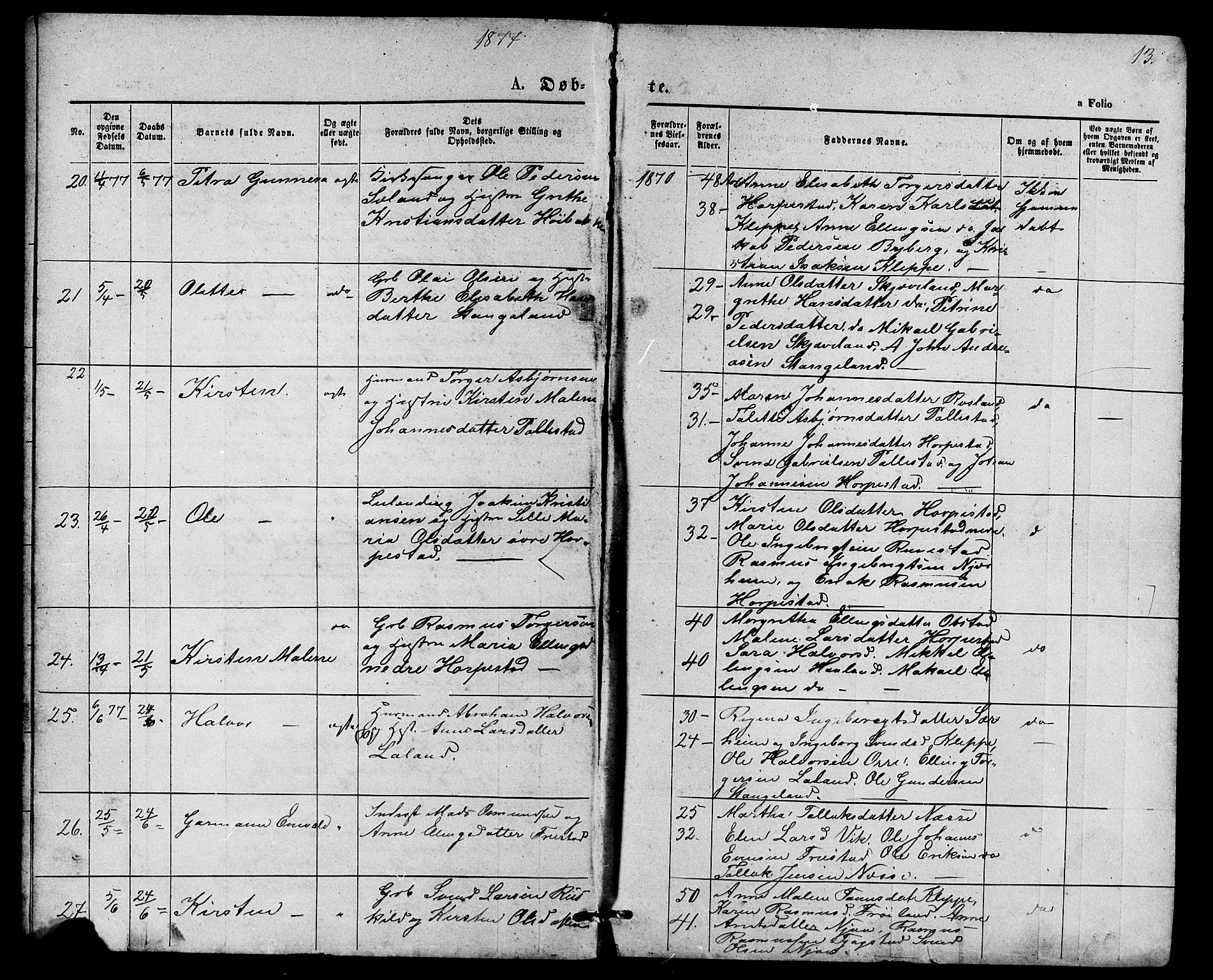 Klepp sokneprestkontor, AV/SAST-A-101803/001/3/30BB/L0003: Parish register (copy) no. B 3, 1876-1888, p. 13