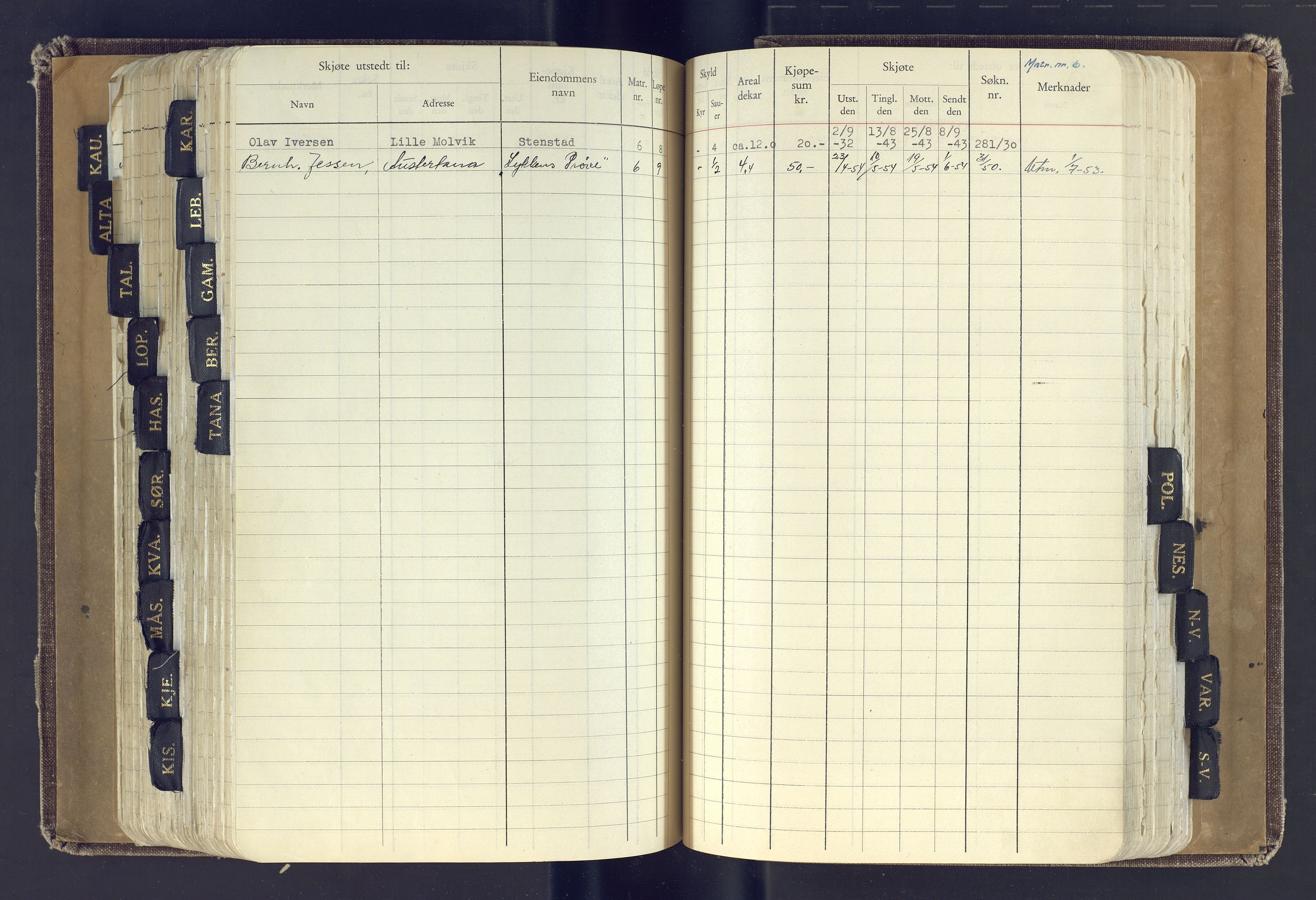 Finnmark jordsalgskommisjon/jordsalgskontor og Statskog SF Finnmark jordsalgskontor, AV/SATØ-S-1443/J/Jc/L0001: Skjøtebok, 1932-1983