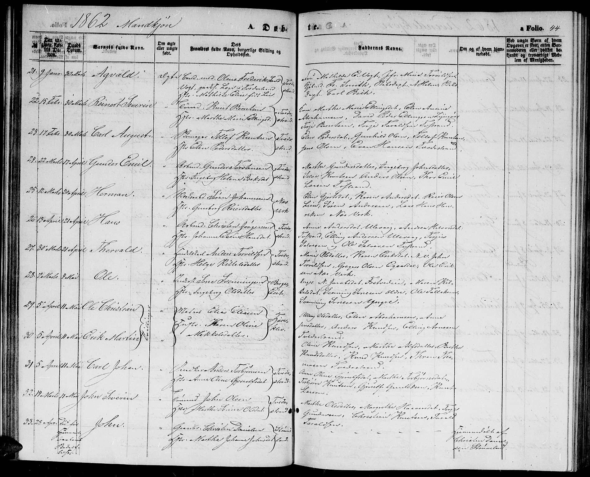 Holt sokneprestkontor, SAK/1111-0021/F/Fb/L0008: Parish register (copy) no. B 8, 1858-1871, p. 44