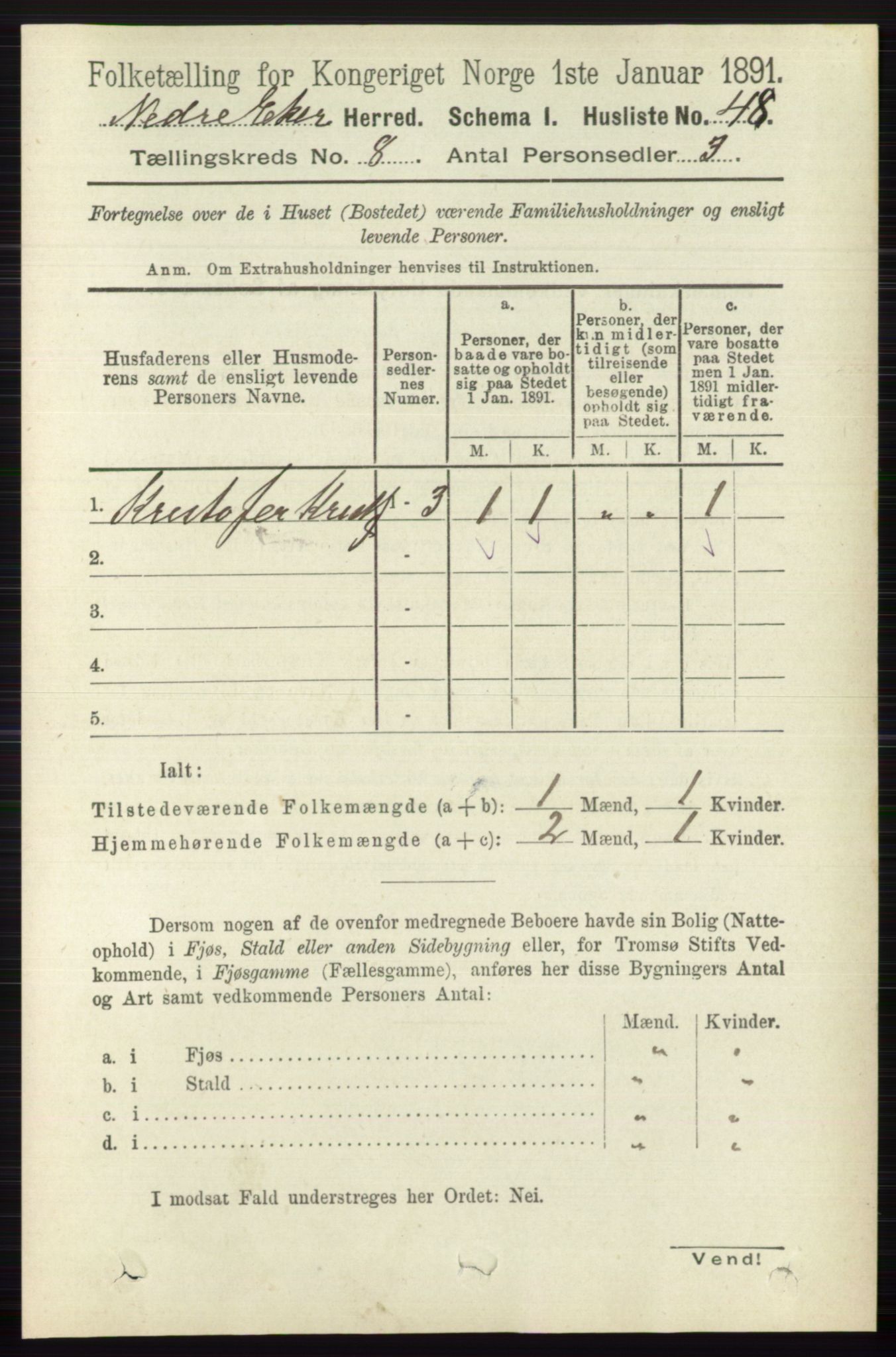 RA, 1891 census for 0625 Nedre Eiker, 1891, p. 3944