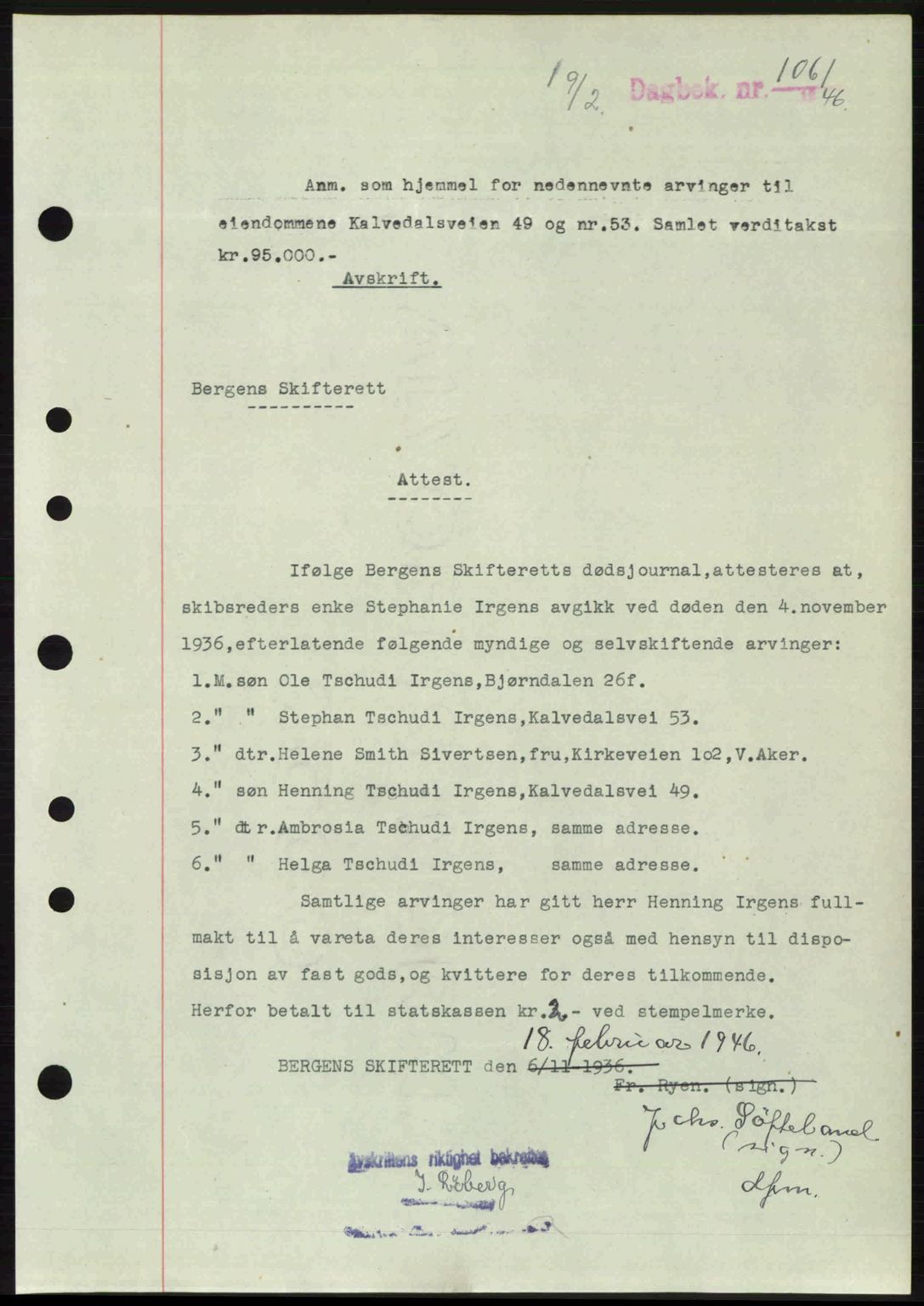 Byfogd og Byskriver i Bergen, SAB/A-3401/03/03Bc/L0022: Mortgage book no. A18, 1946-1946, Diary no: : 1061/1946
