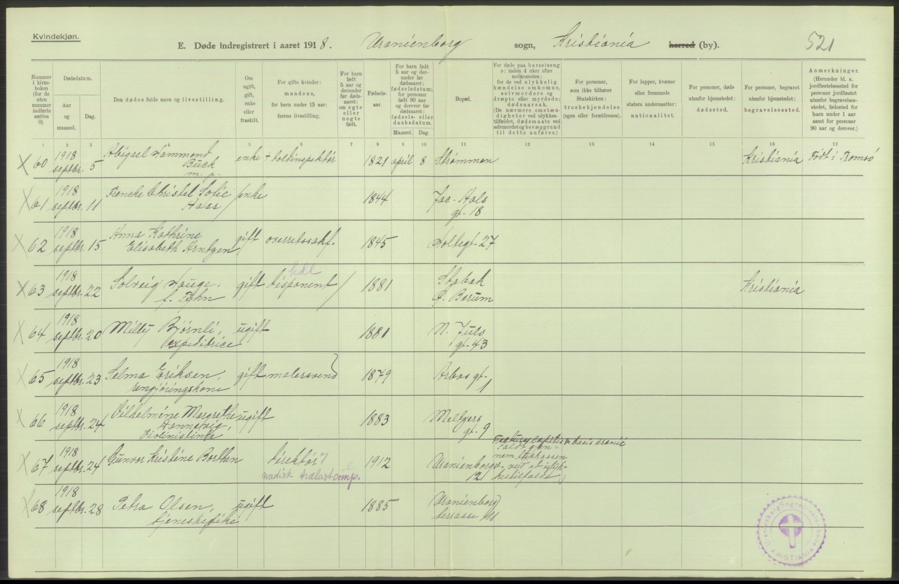 Statistisk sentralbyrå, Sosiodemografiske emner, Befolkning, AV/RA-S-2228/D/Df/Dfb/Dfbh/L0010: Kristiania: Døde, 1918, p. 228