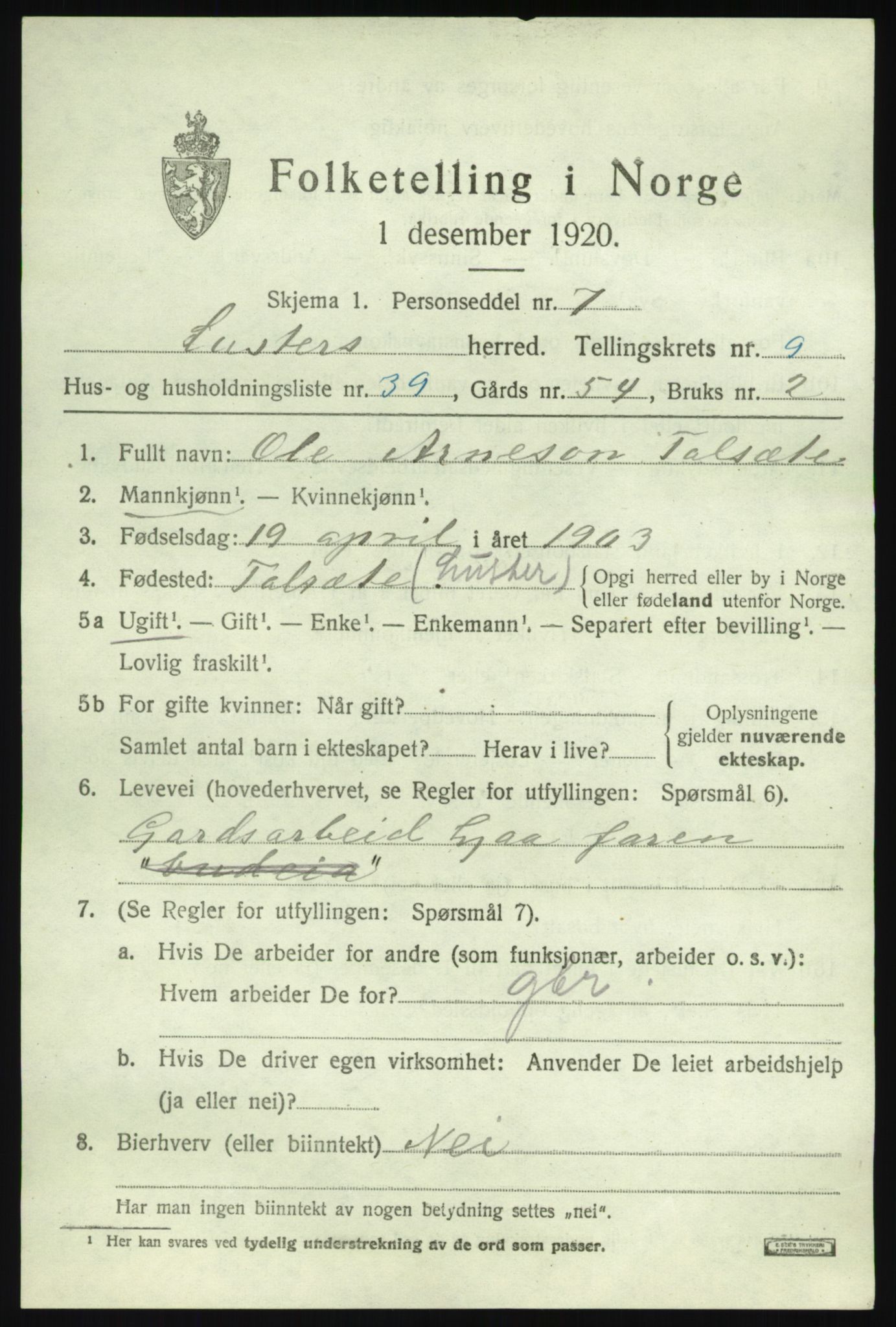 SAB, 1920 census for Luster, 1920, p. 5366