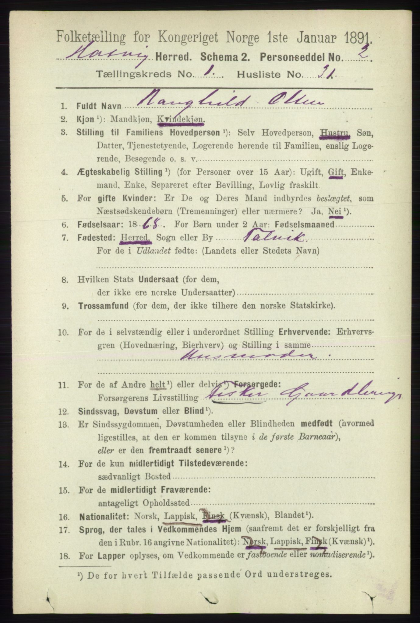 RA, 1891 census for 2015 Hasvik, 1891, p. 249