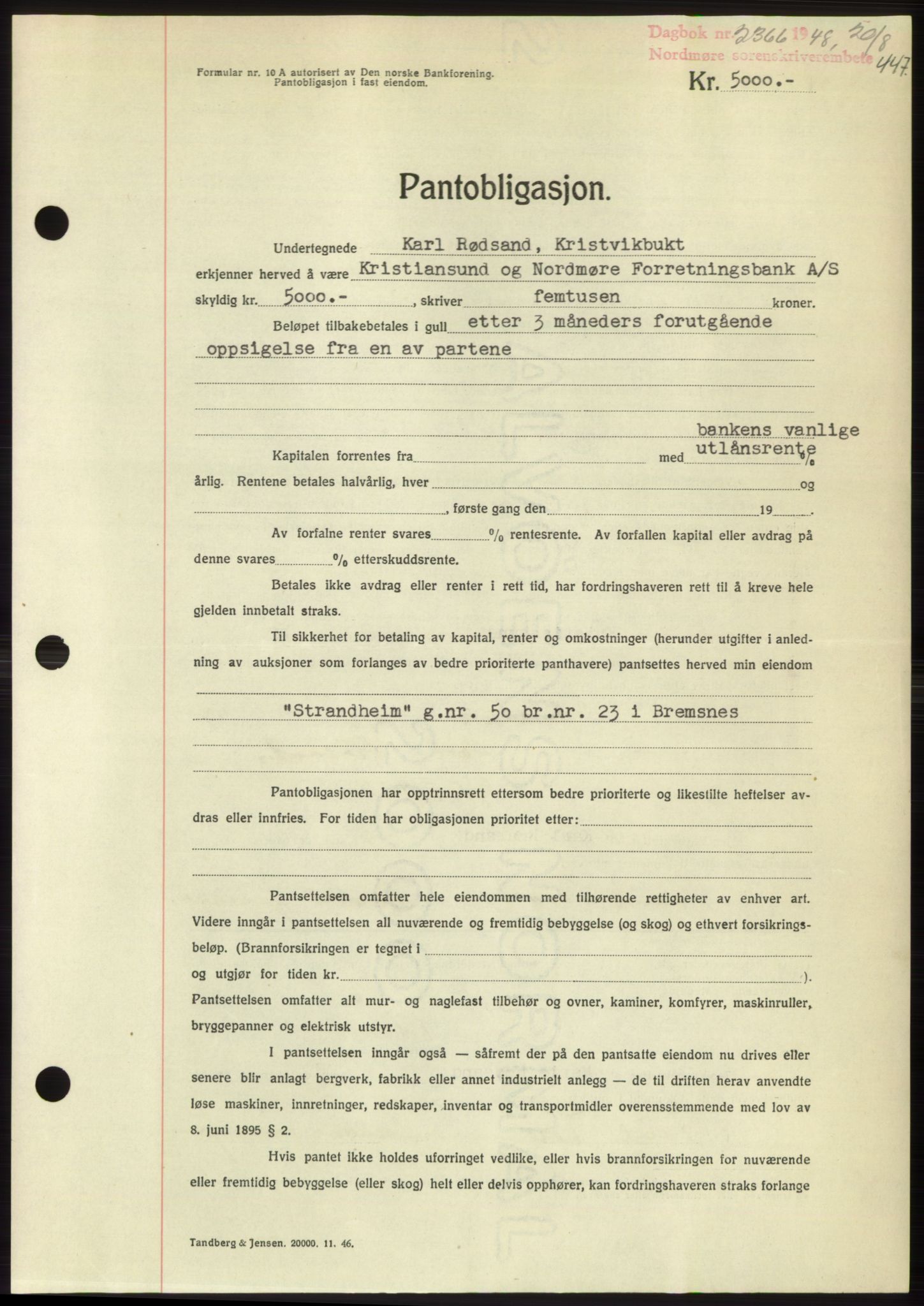 Nordmøre sorenskriveri, AV/SAT-A-4132/1/2/2Ca: Mortgage book no. B99, 1948-1948, Diary no: : 2366/1948