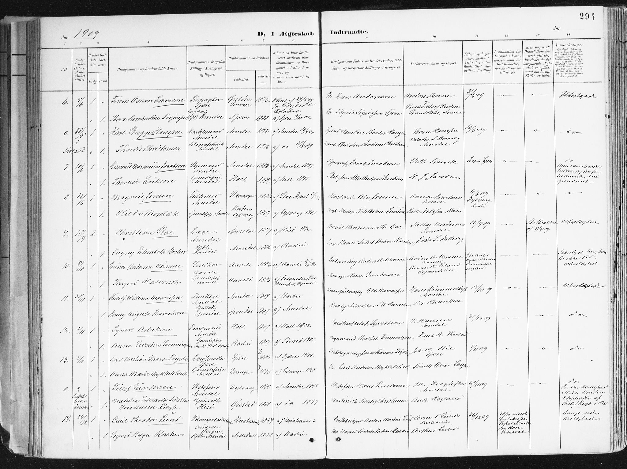 Arendal sokneprestkontor, Trefoldighet, SAK/1111-0040/F/Fa/L0010: Parish register (official) no. A 10, 1900-1919, p. 294