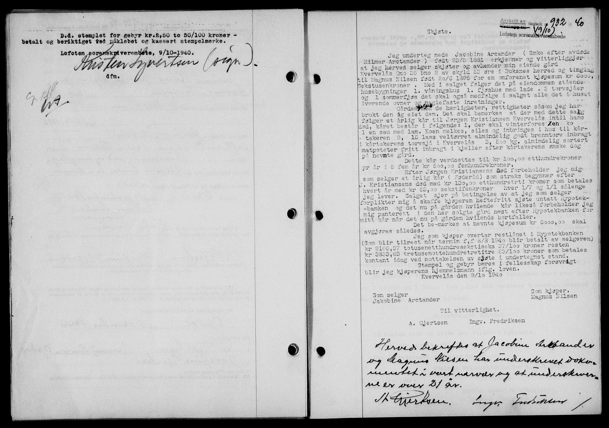 Lofoten sorenskriveri, SAT/A-0017/1/2/2C/L0007a: Mortgage book no. 7a, 1939-1940, Diary no: : 932/1940