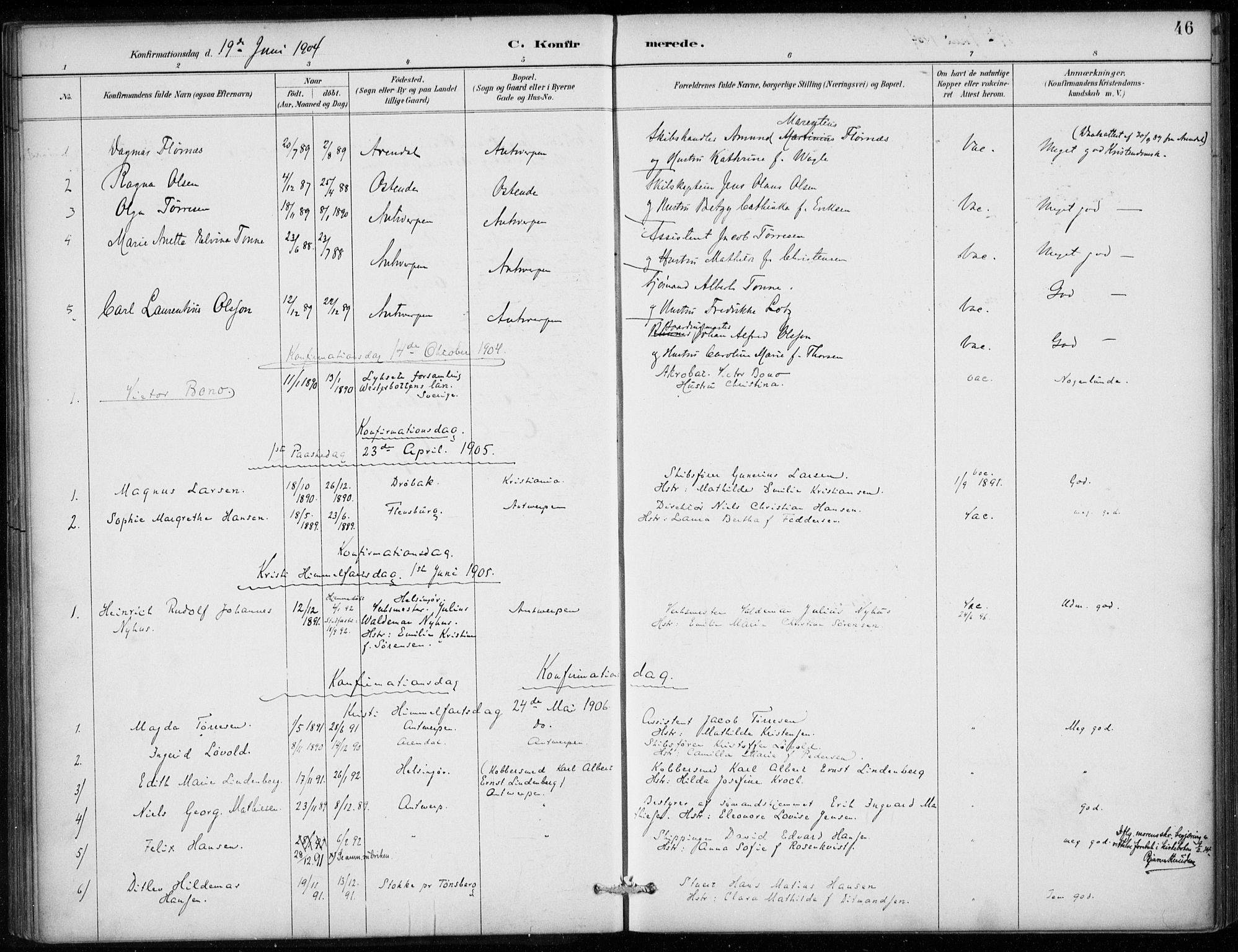 Den norske sjømannsmisjon i utlandet/Antwerpen, SAB/SAB/PA-0105/H/Ha/L0002: Parish register (official) no. A 2, 1887-1913, p. 46