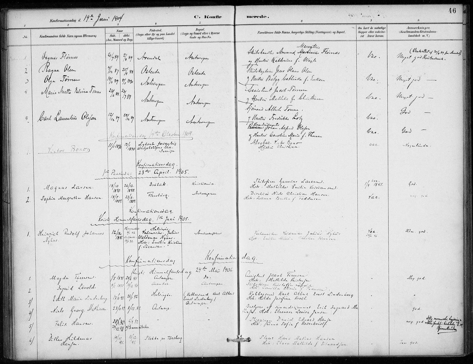 Den norske sjømannsmisjon i utlandet/Antwerpen, AV/SAB-SAB/PA-0105/H/Ha/L0002: Parish register (official) no. A 2, 1887-1913, p. 46