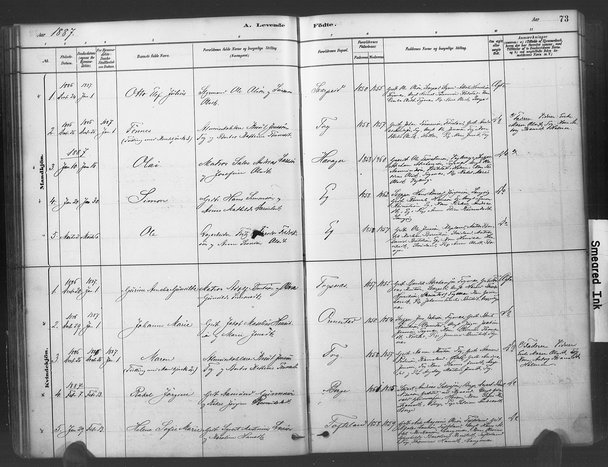 Søgne sokneprestkontor, SAK/1111-0037/F/Fa/Fab/L0012: Parish register (official) no. A 12, 1880-1891, p. 73