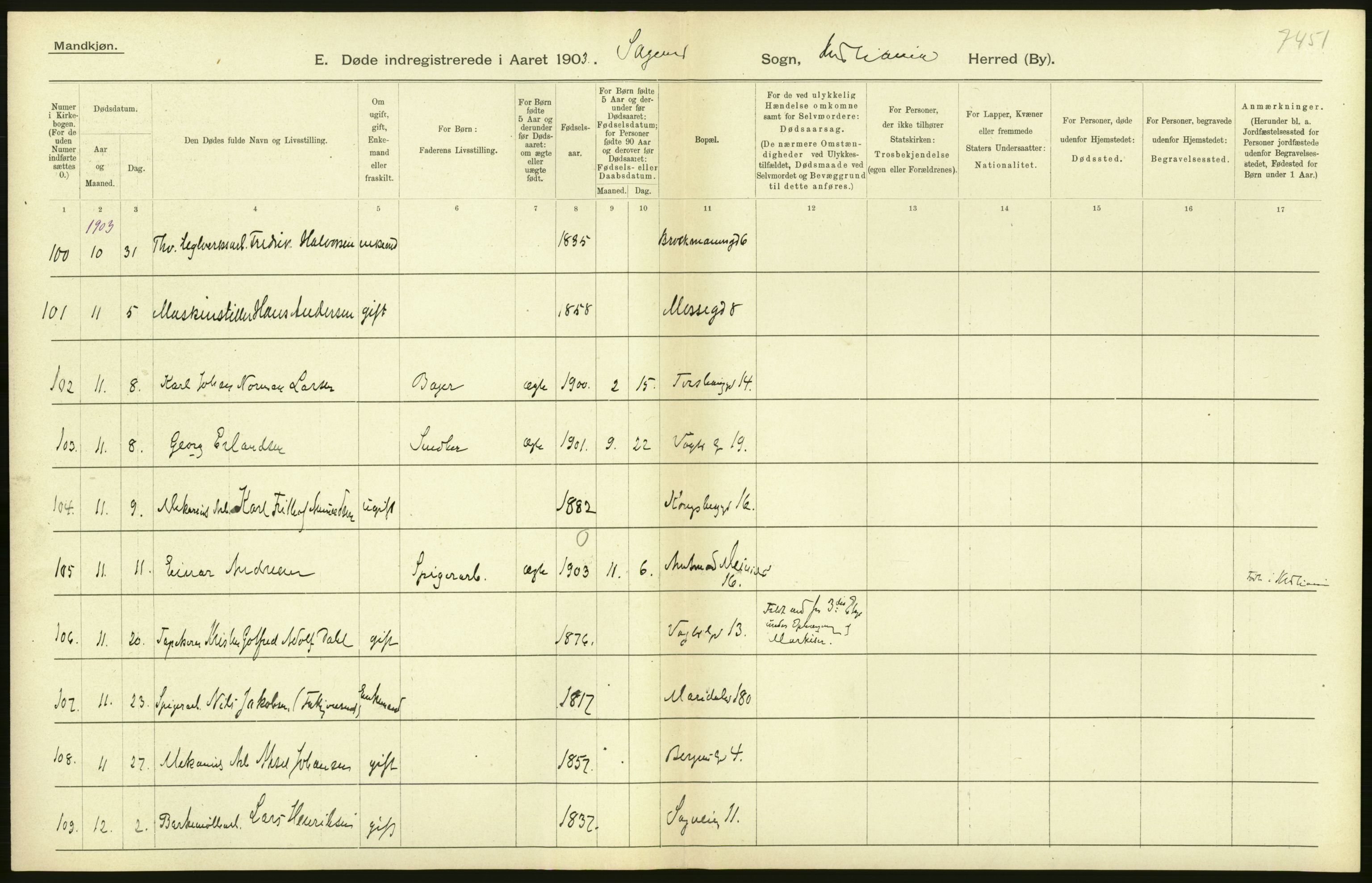 Statistisk sentralbyrå, Sosiodemografiske emner, Befolkning, AV/RA-S-2228/D/Df/Dfa/Dfaa/L0004: Kristiania: Gifte, døde, 1903, p. 78