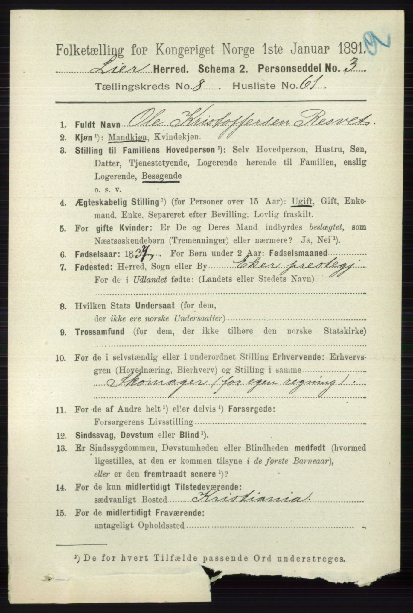 RA, 1891 census for 0626 Lier, 1891, p. 5544