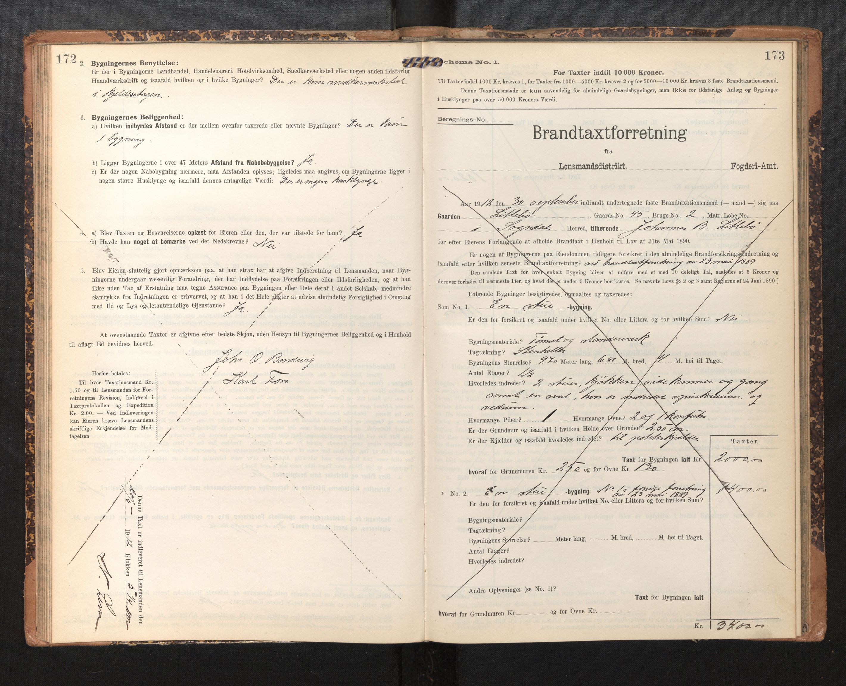 Lensmannen i Sogndal, AV/SAB-A-29901/0012/L0010: Branntakstprotokoll, skjematakst, 1907-1914, p. 172-173