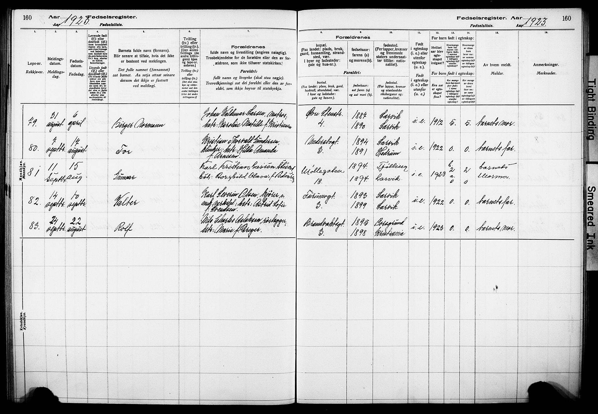 Larvik kirkebøker, AV/SAKO-A-352/J/Ja/L0001: Birth register no. I 1, 1916-1926, p. 160