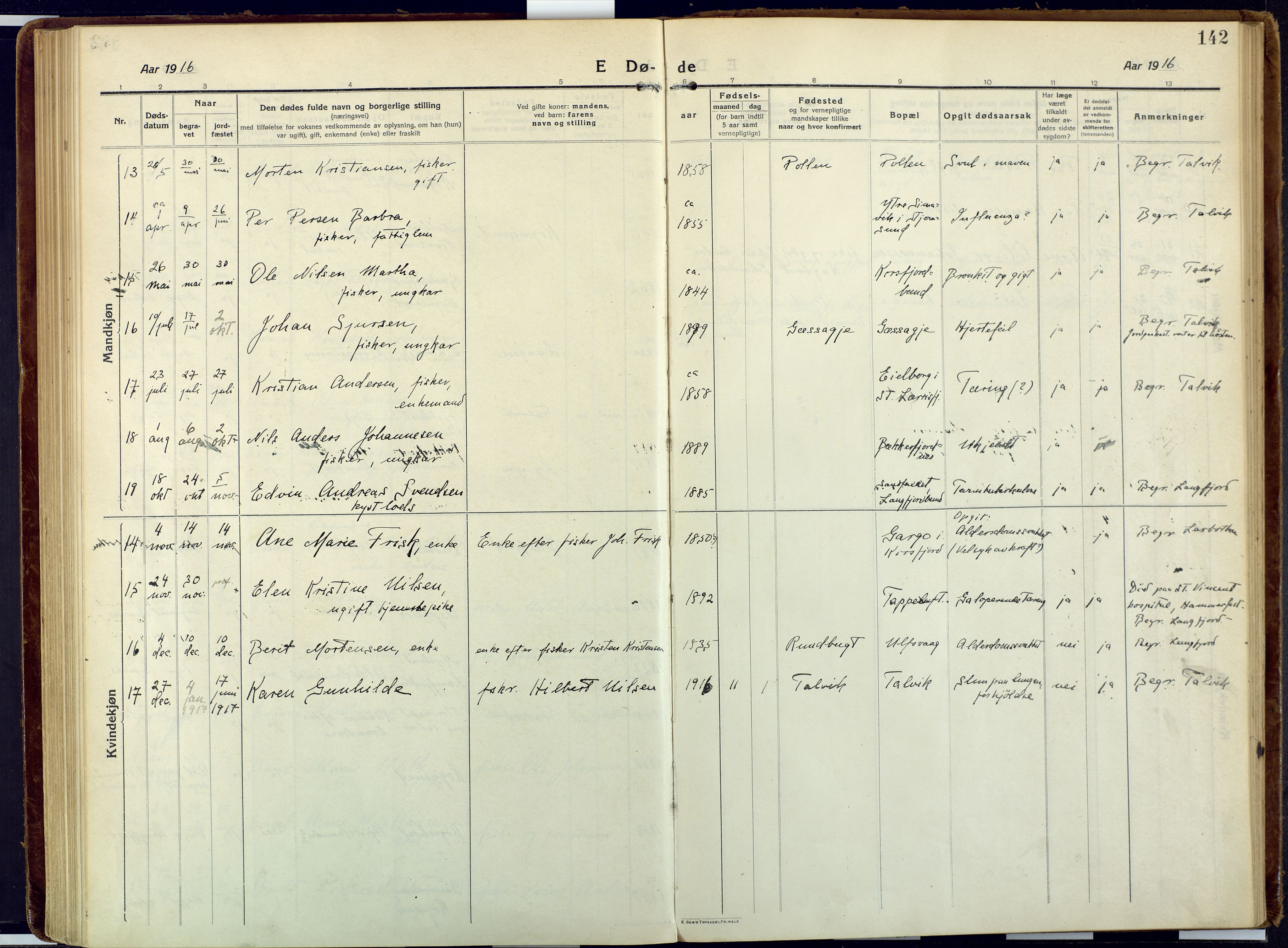 Talvik sokneprestkontor, AV/SATØ-S-1337/H/Ha/L0018kirke: Parish register (official) no. 18, 1915-1924, p. 142