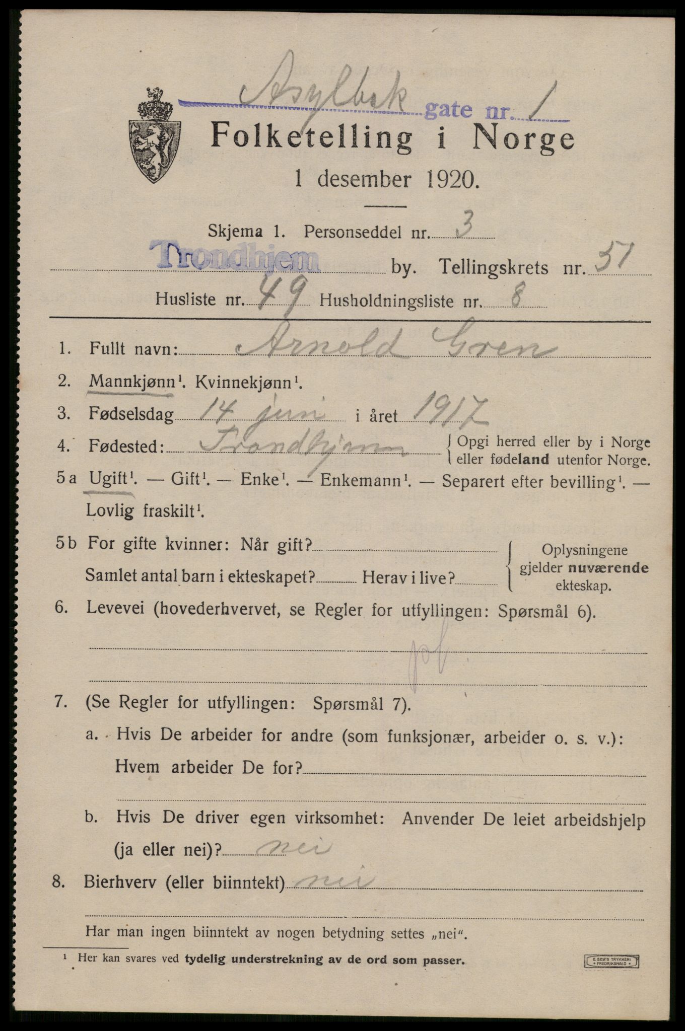 SAT, 1920 census for Trondheim, 1920, p. 106494