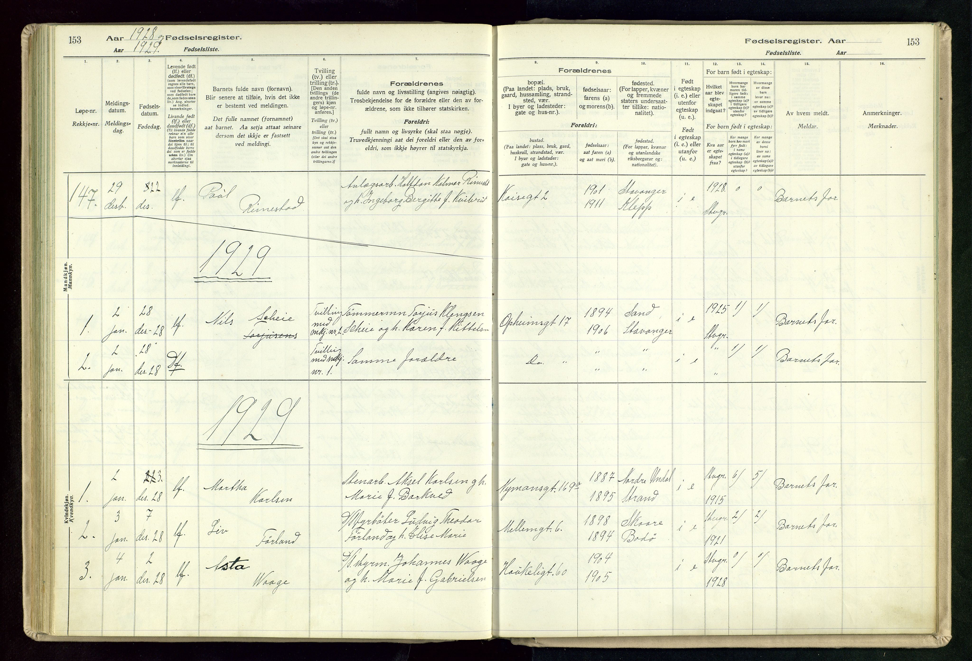 St. Johannes sokneprestkontor, SAST/A-101814/002/A/L0003: Birth register no. 3, 1924-1930, p. 153