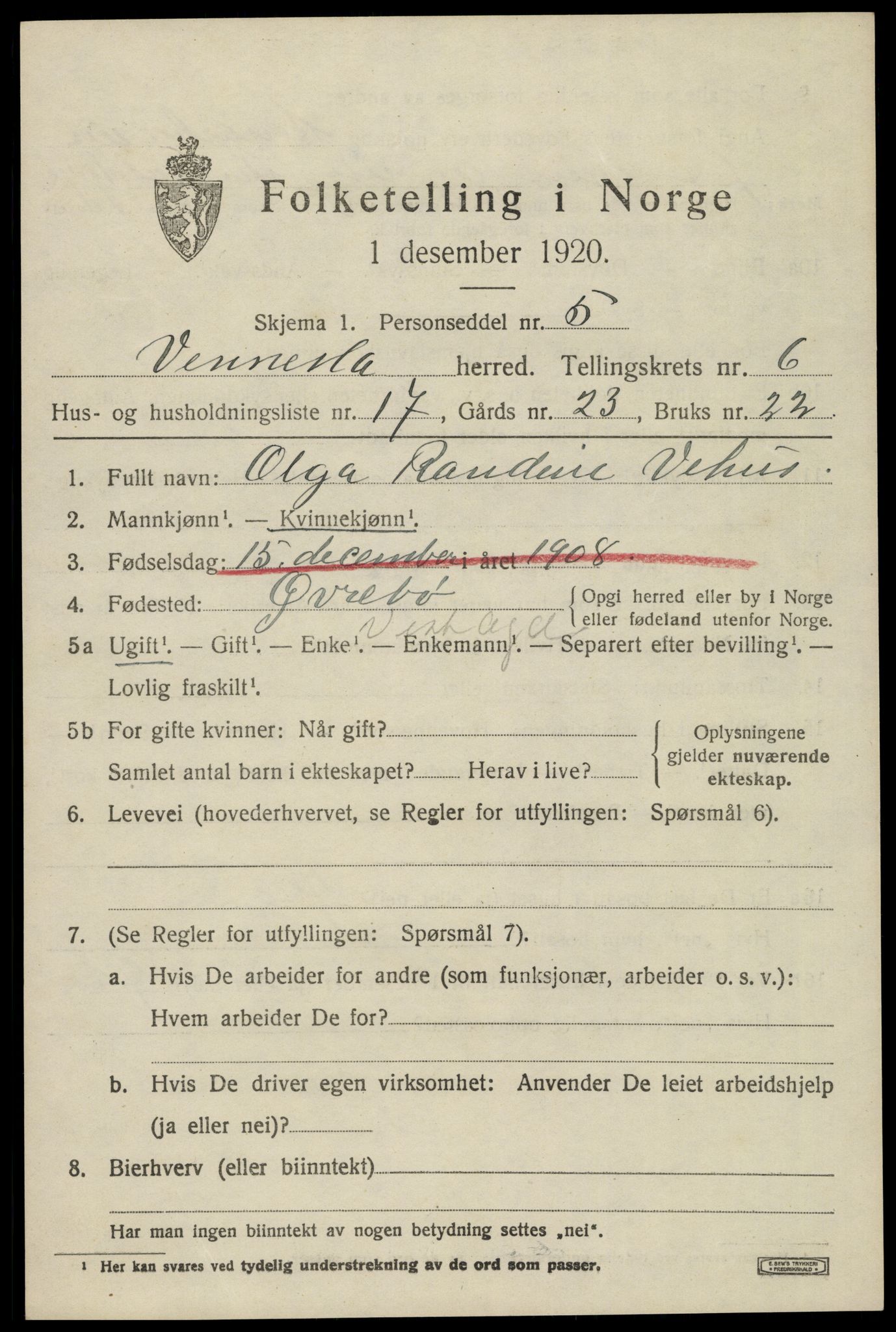 SAK, 1920 census for Vennesla, 1920, p. 4512
