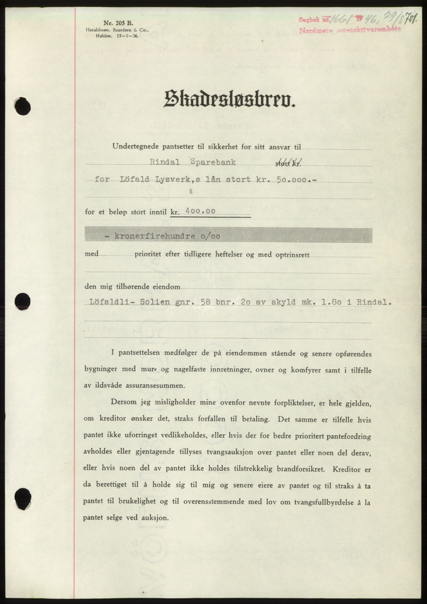 Nordmøre sorenskriveri, AV/SAT-A-4132/1/2/2Ca: Mortgage book no. B94, 1946-1946, Diary no: : 1661/1946