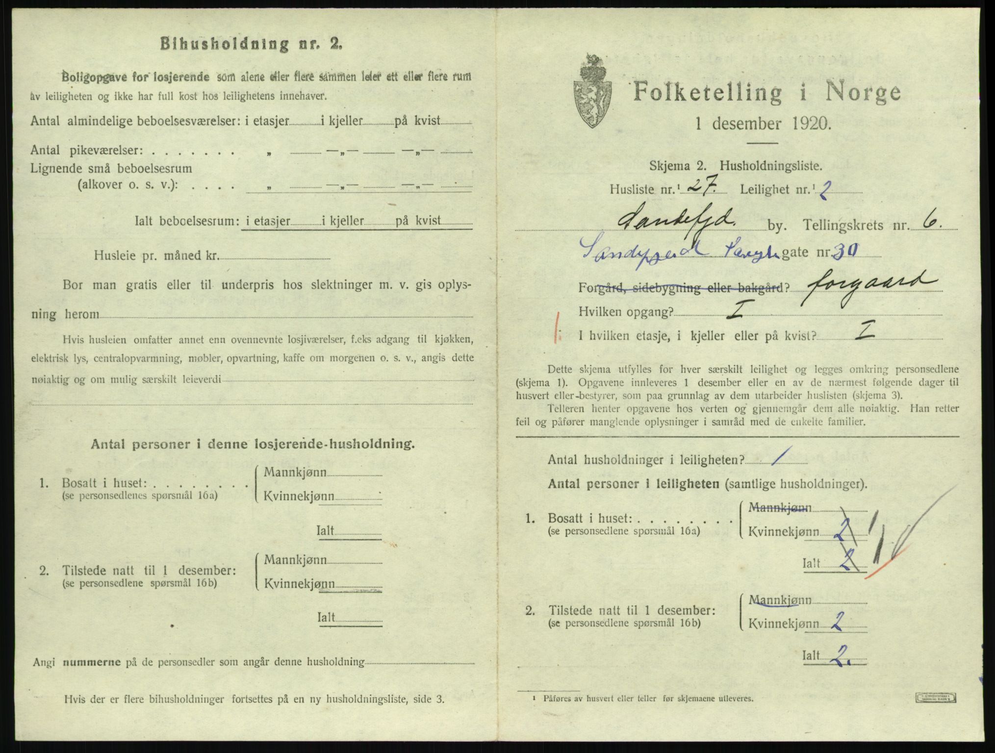 SAKO, 1920 census for Sandefjord, 1920, p. 2784