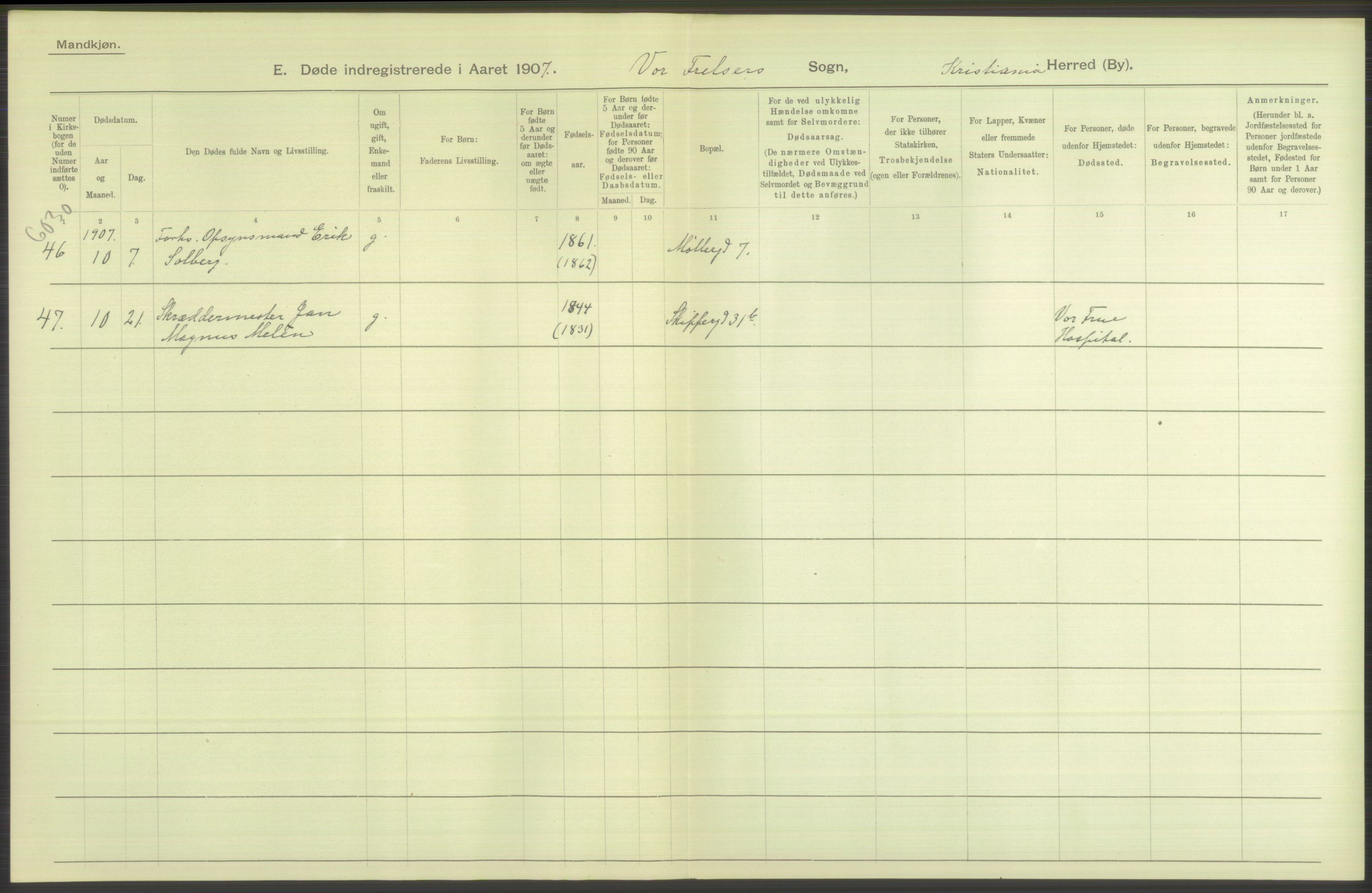 Statistisk sentralbyrå, Sosiodemografiske emner, Befolkning, AV/RA-S-2228/D/Df/Dfa/Dfae/L0010: Kristiania: Døde, dødfødte, 1907, p. 412