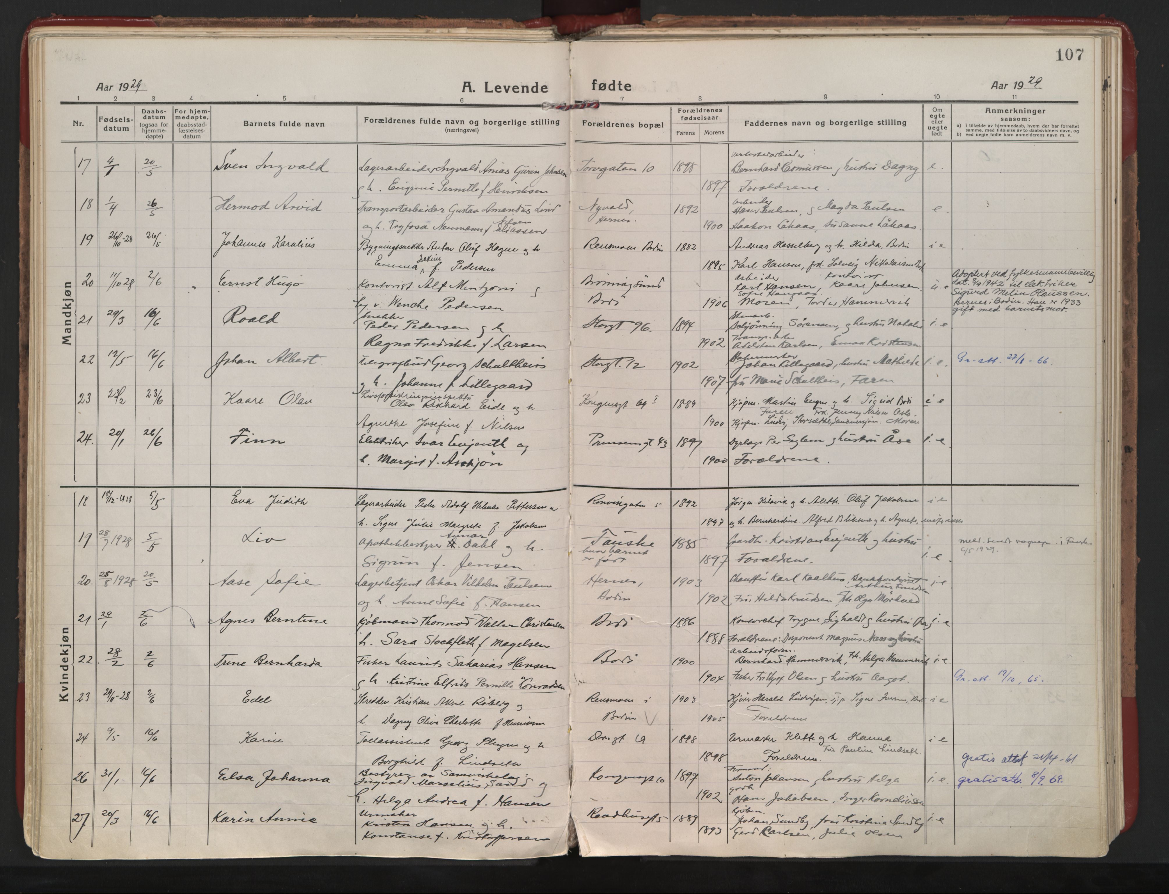 Ministerialprotokoller, klokkerbøker og fødselsregistre - Nordland, AV/SAT-A-1459/801/L0017: Parish register (official) no. 801A17, 1917-1930, p. 107