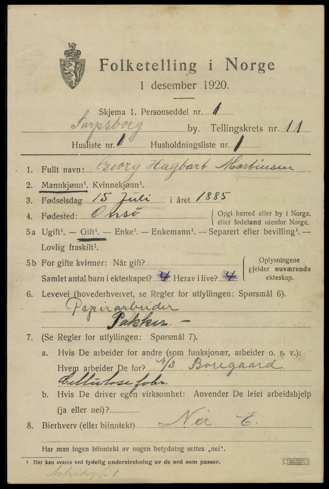 SAO, 1920 census for Sarpsborg, 1920, p. 22356