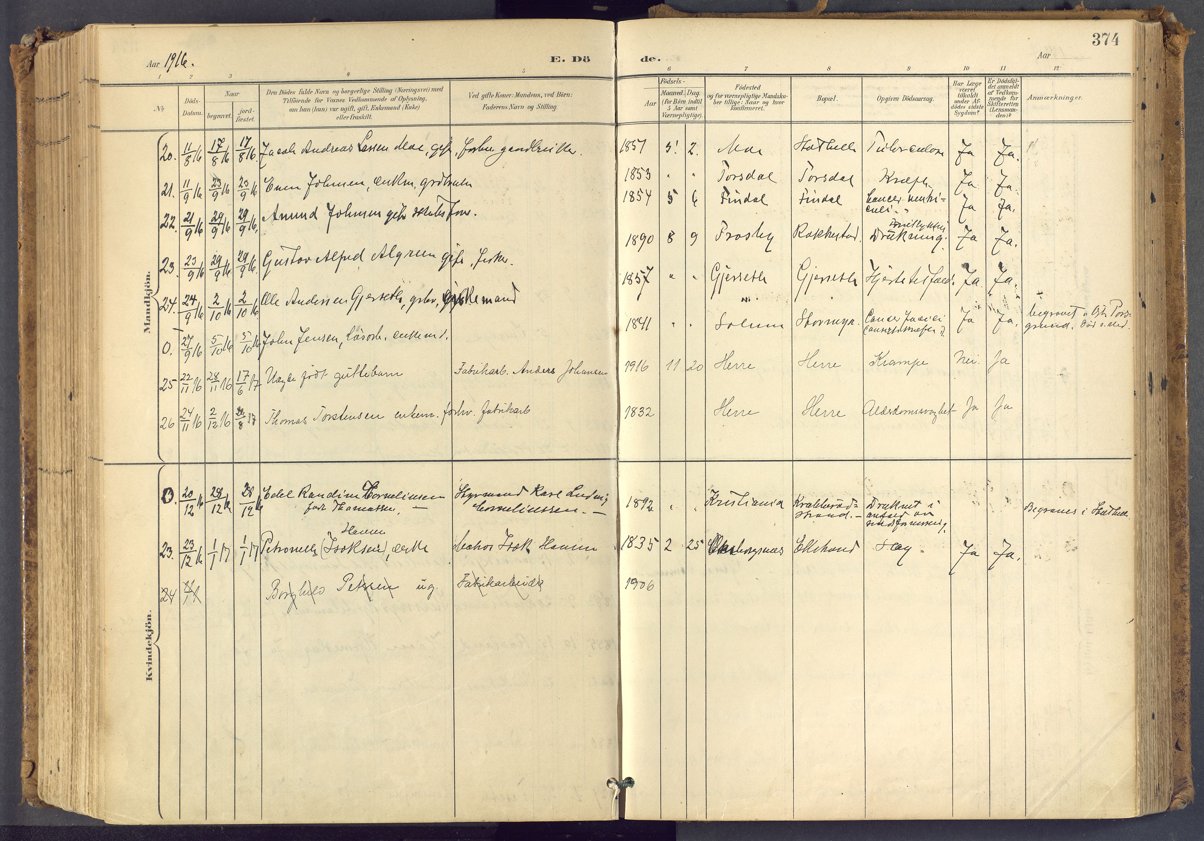 Bamble kirkebøker, SAKO/A-253/F/Fa/L0009: Parish register (official) no. I 9, 1901-1917, p. 374